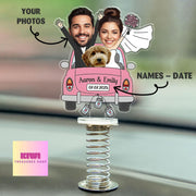 Custom Wedding Car Photo Standee – Personalized Spring Acrylic Couple Figurine with Pet – Funny Just Married Cake Topper