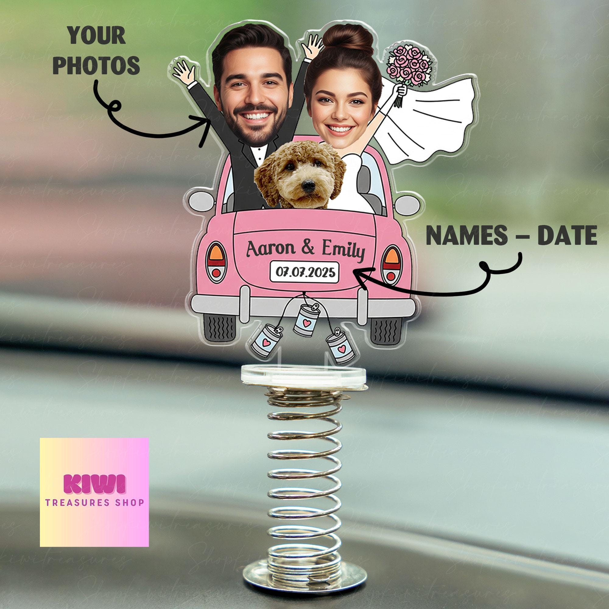 Custom Wedding Car Photo Standee – Personalized Spring Acrylic Couple Figurine with Pet – Funny Just Married Cake Topper