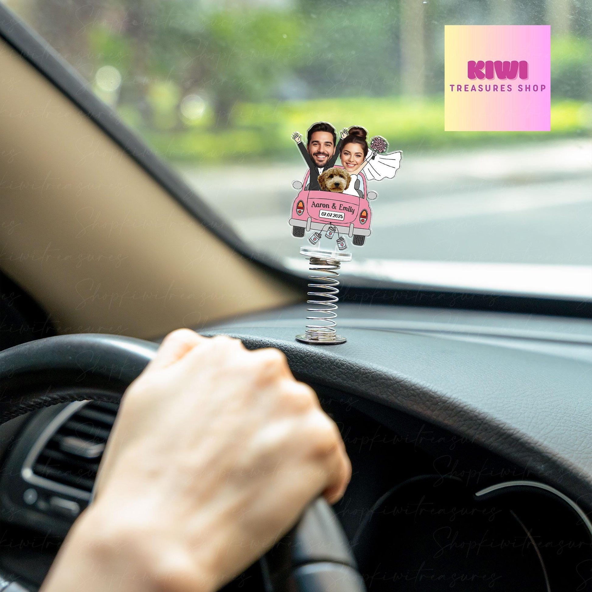 Custom Wedding Car Photo Standee – Personalized Spring Acrylic Couple Figurine with Pet – Funny Just Married Cake Topper