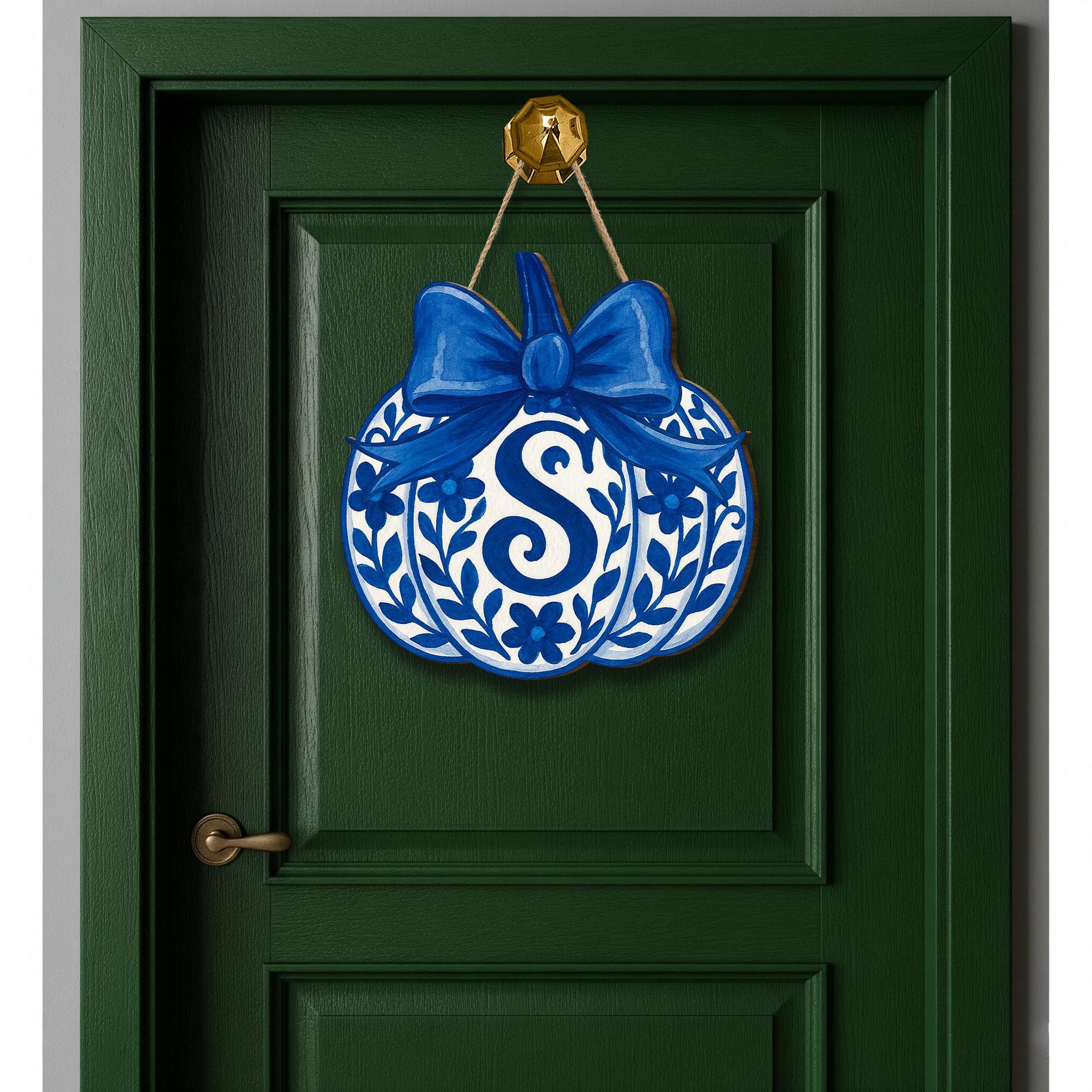 Chinoiserie Pumpkin Door Hanger – Personalized Blue Fall Monogram Sign – Elegant Front Porch Autumn Decor gift fall sign