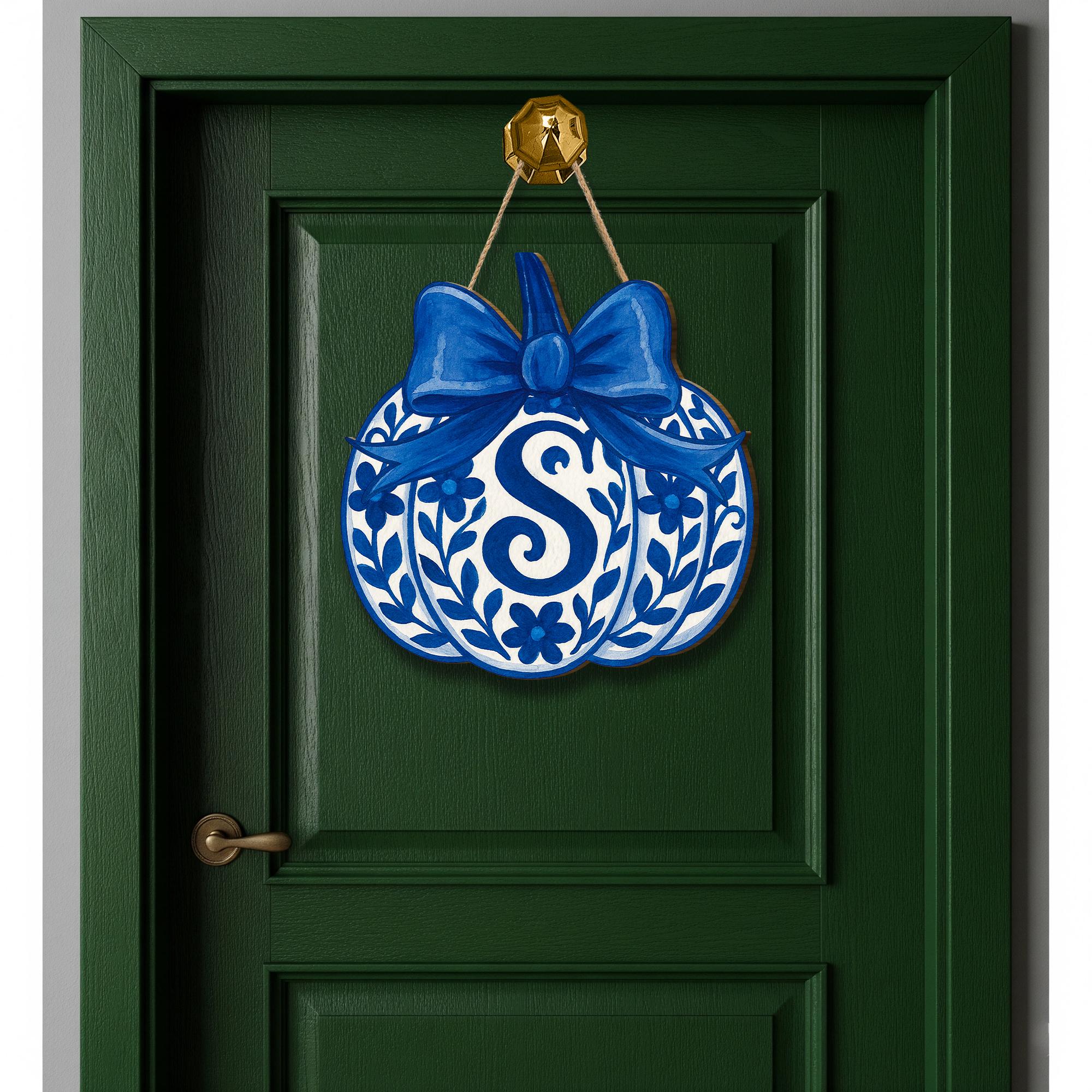 Chinoiserie Pumpkin Door Hanger – Personalized Blue Fall Monogram Sign – Elegant Front Porch Autumn Decor gift fall sign