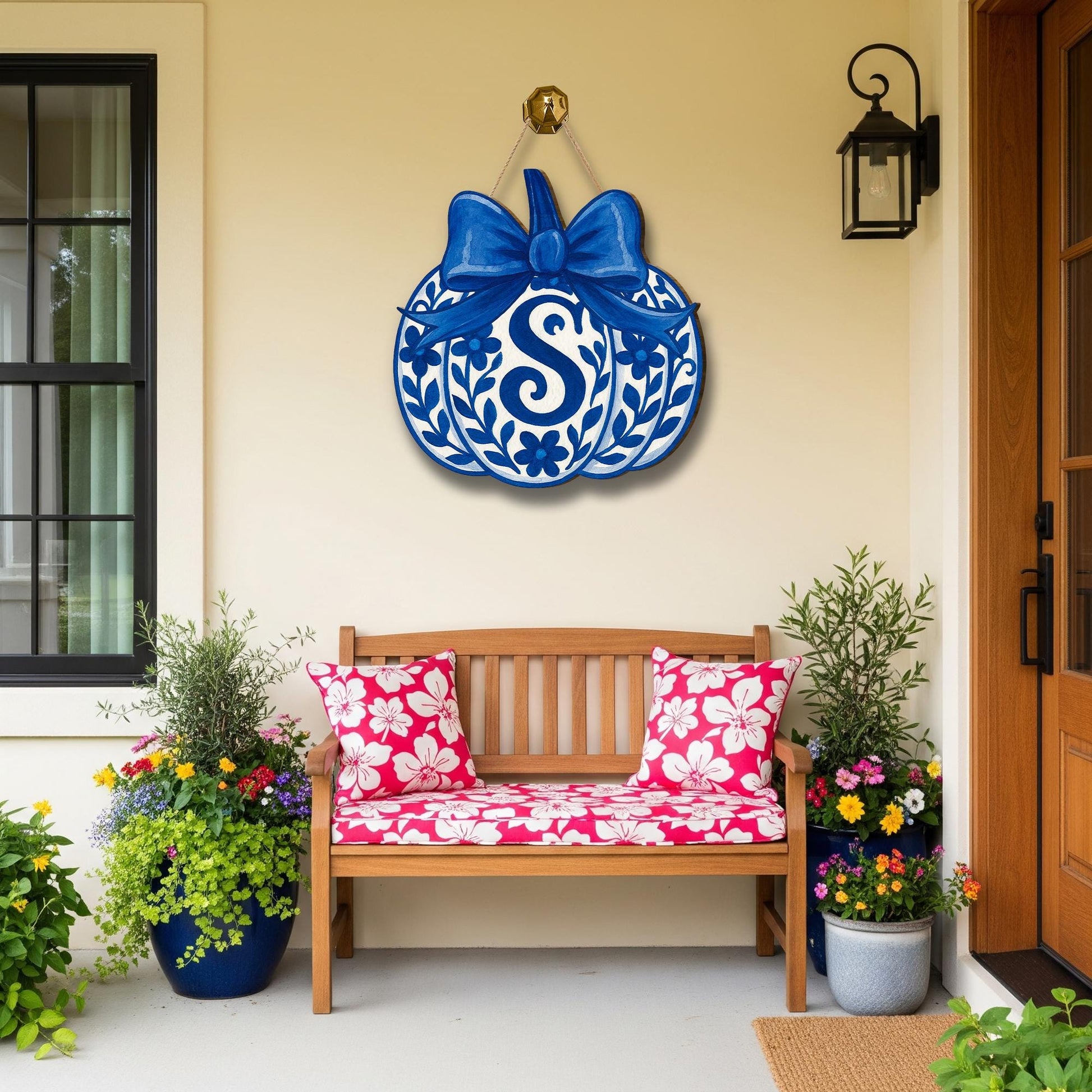 Chinoiserie Pumpkin Door Hanger – Personalized Blue Fall Monogram Sign – Elegant Front Porch Autumn Decor gift fall sign