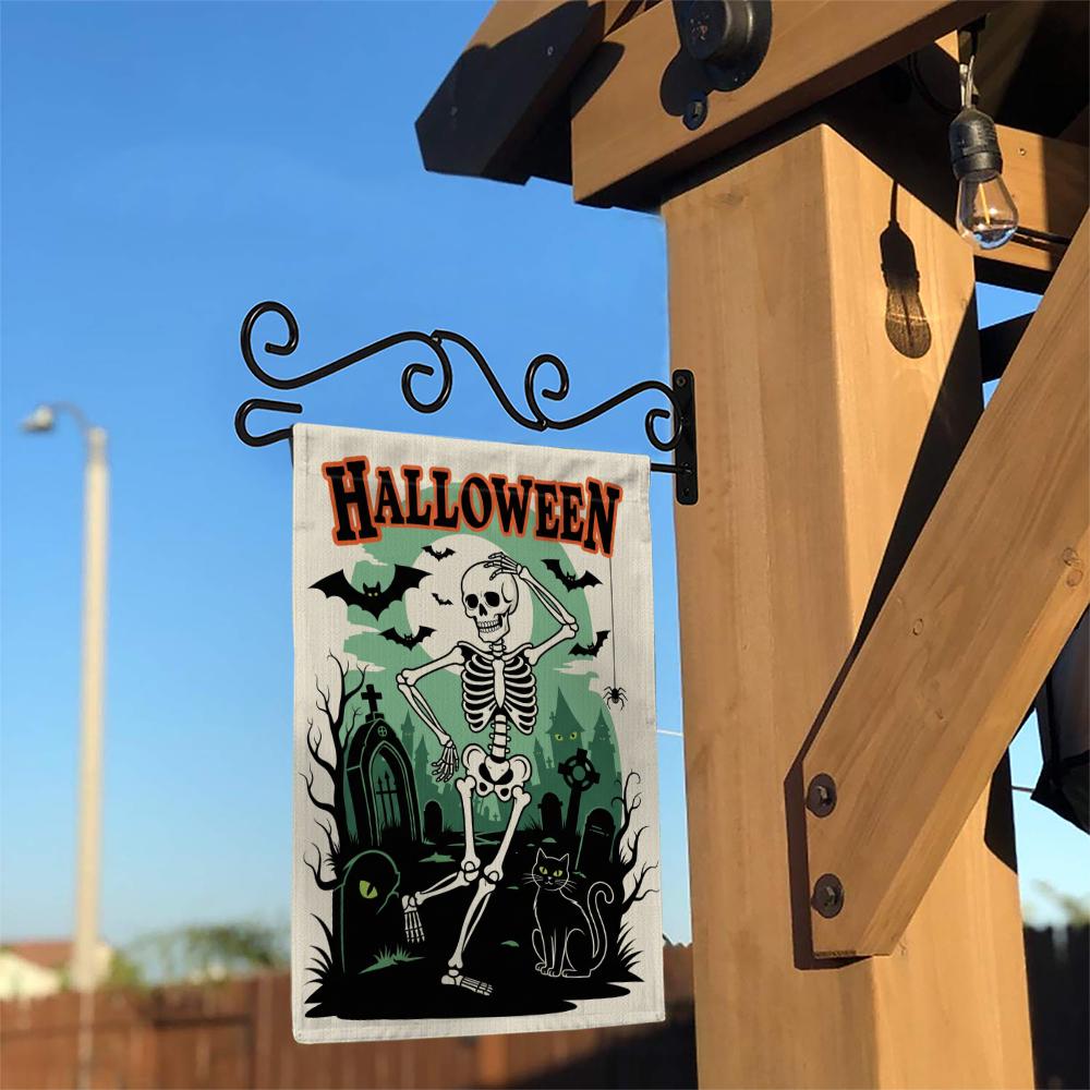 Dancing Skeleton Garden Flag, Funny Halloween Yard Decor, Spooky Graveyard Banner, Black Cat Outdoor Sign, Cute Haunted Flag