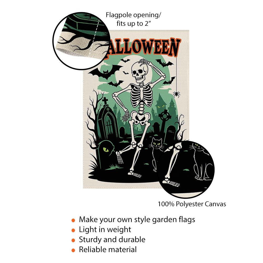 Dancing Skeleton Garden Flag, Funny Halloween Yard Decor, Spooky Graveyard Banner, Black Cat Outdoor Sign, Cute Haunted Flag