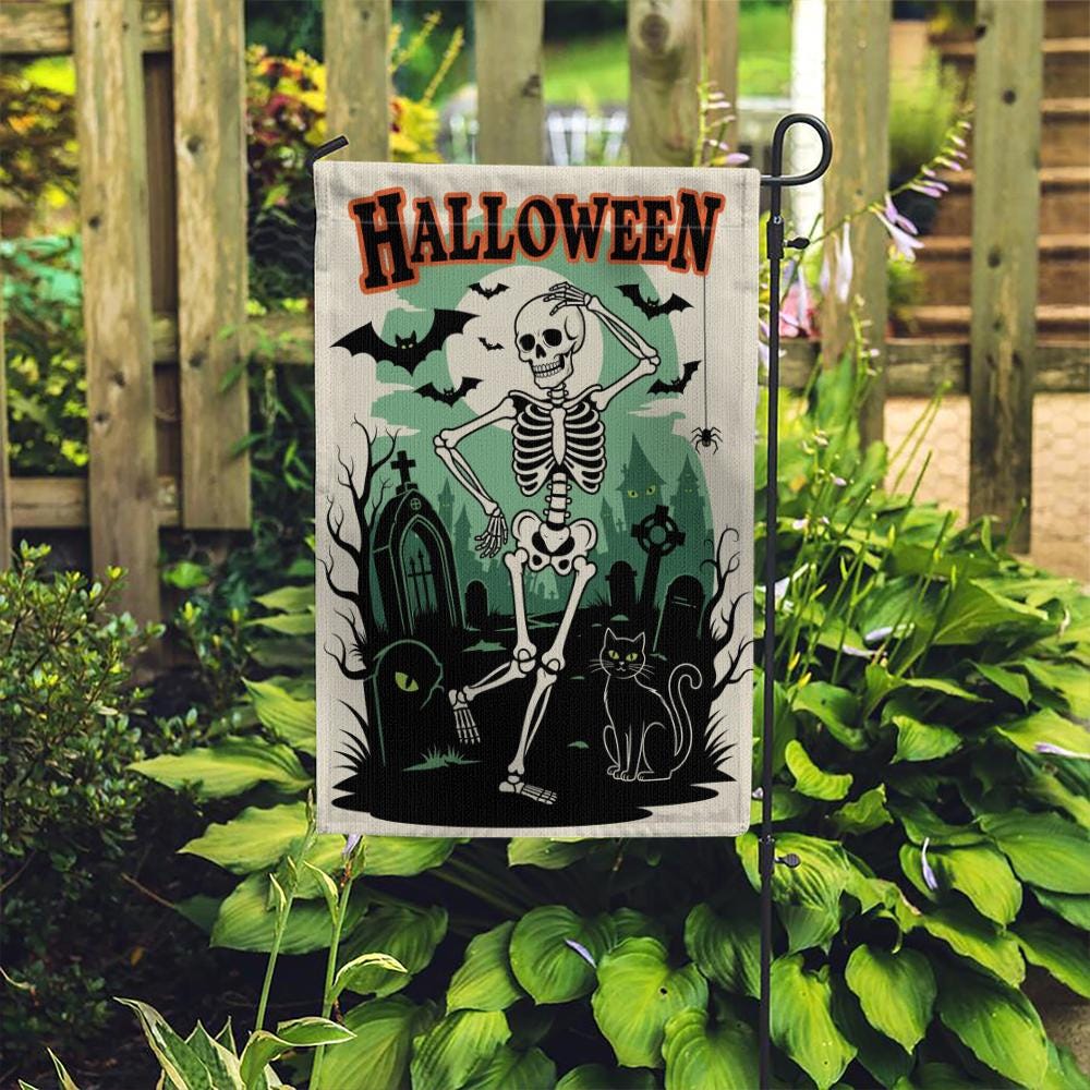 Dancing Skeleton Garden Flag, Funny Halloween Yard Decor, Spooky Graveyard Banner, Black Cat Outdoor Sign, Cute Haunted Flag