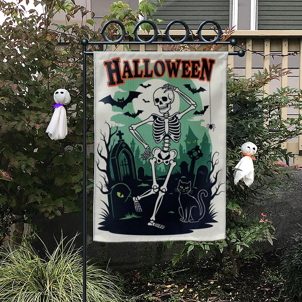 Dancing Skeleton Garden Flag, Funny Halloween Yard Decor, Spooky Graveyard Banner, Black Cat Outdoor Sign, Cute Haunted Flag