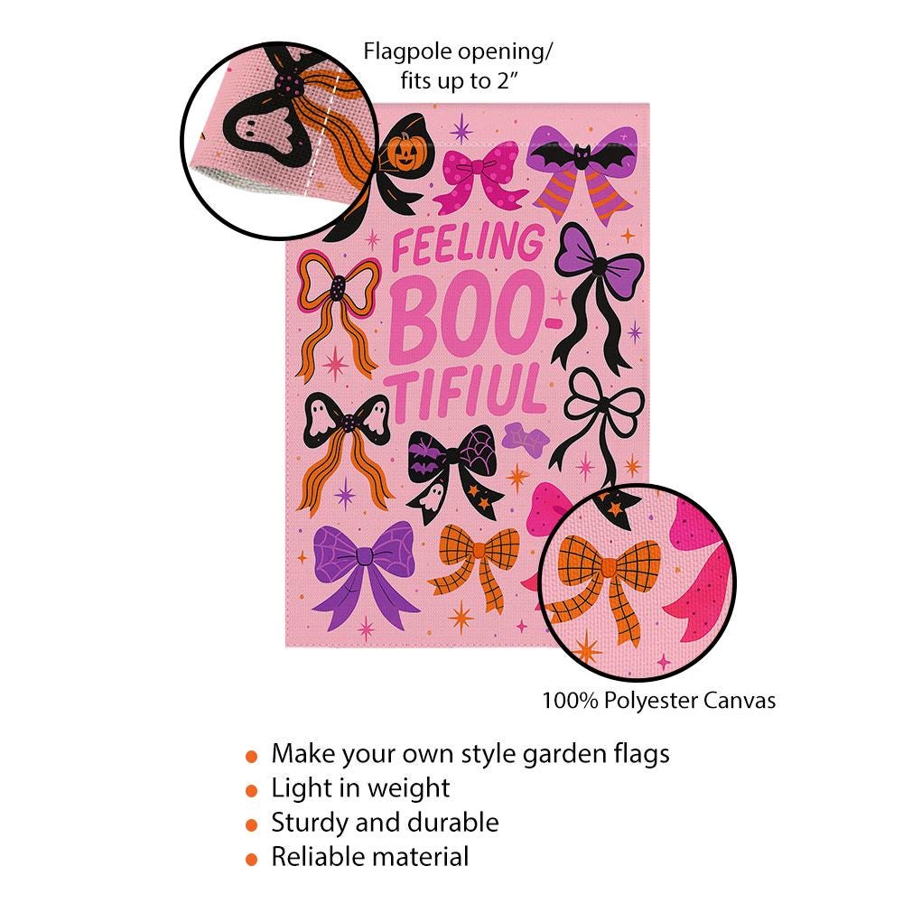 Feeling Bootiful Garden Flag, Cute Halloween Bow Yard Decor, Pink Spooky Outdoor Sign, Girly Ghost Fall Banner, Fun Holiday Flag