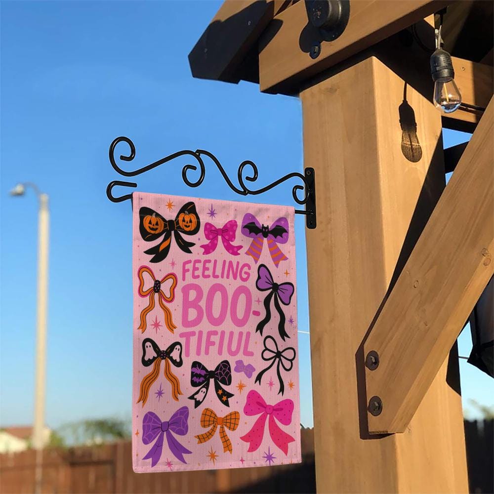 Feeling Bootiful Garden Flag, Cute Halloween Bow Yard Decor, Pink Spooky Outdoor Sign, Girly Ghost Fall Banner, Fun Holiday Flag