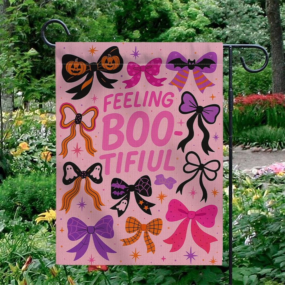 Feeling Bootiful Garden Flag, Cute Halloween Bow Yard Decor, Pink Spooky Outdoor Sign, Girly Ghost Fall Banner, Fun Holiday Flag