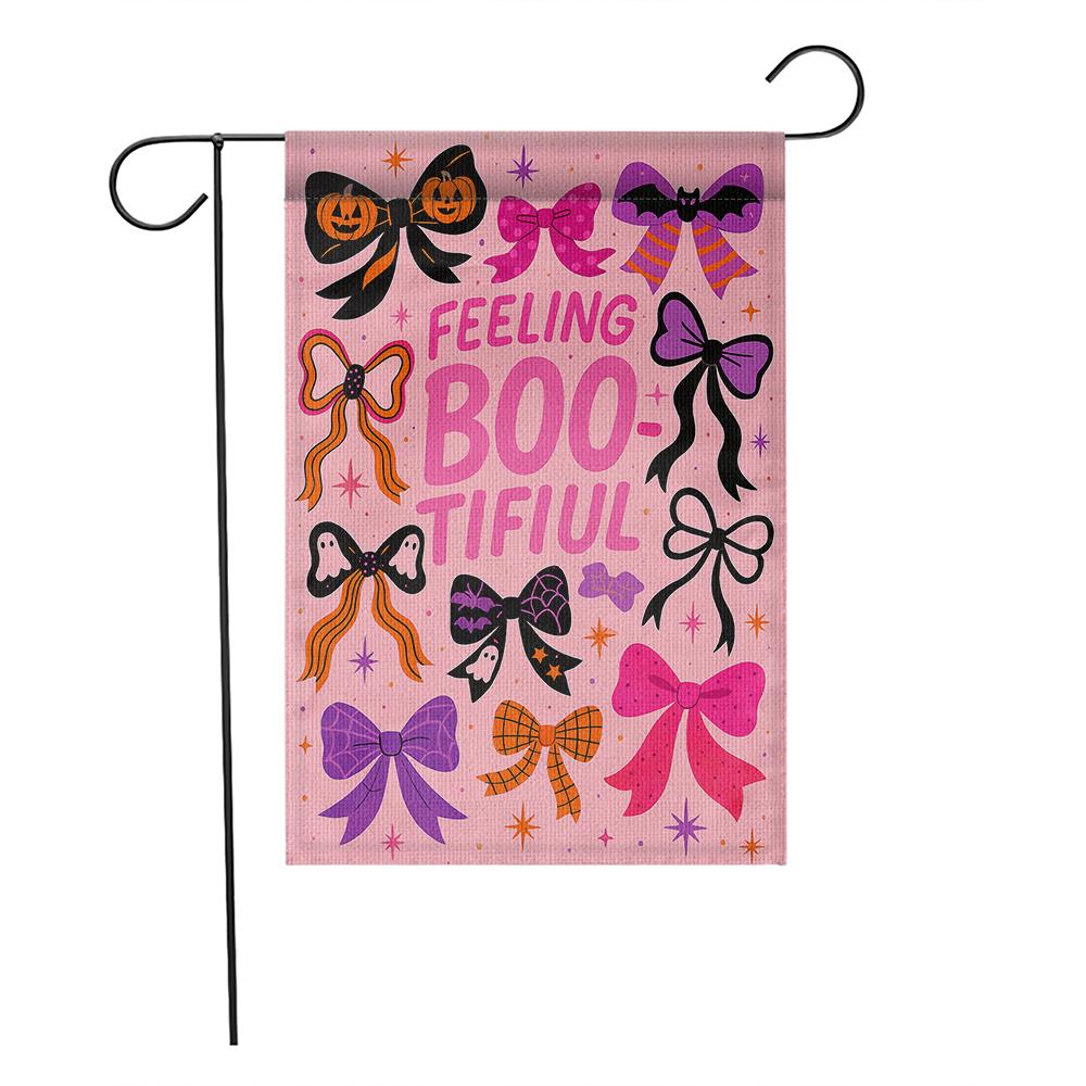 Feeling Bootiful Garden Flag, Cute Halloween Bow Yard Decor, Pink Spooky Outdoor Sign, Girly Ghost Fall Banner, Fun Holiday Flag