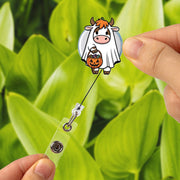 Cute Halloween Cow Badge Reel, Ghost Cow ID Holder, Trick or Treat Nurse Badge Clip, Fall Accessory for Vet Tech, Fun Work Lanyard