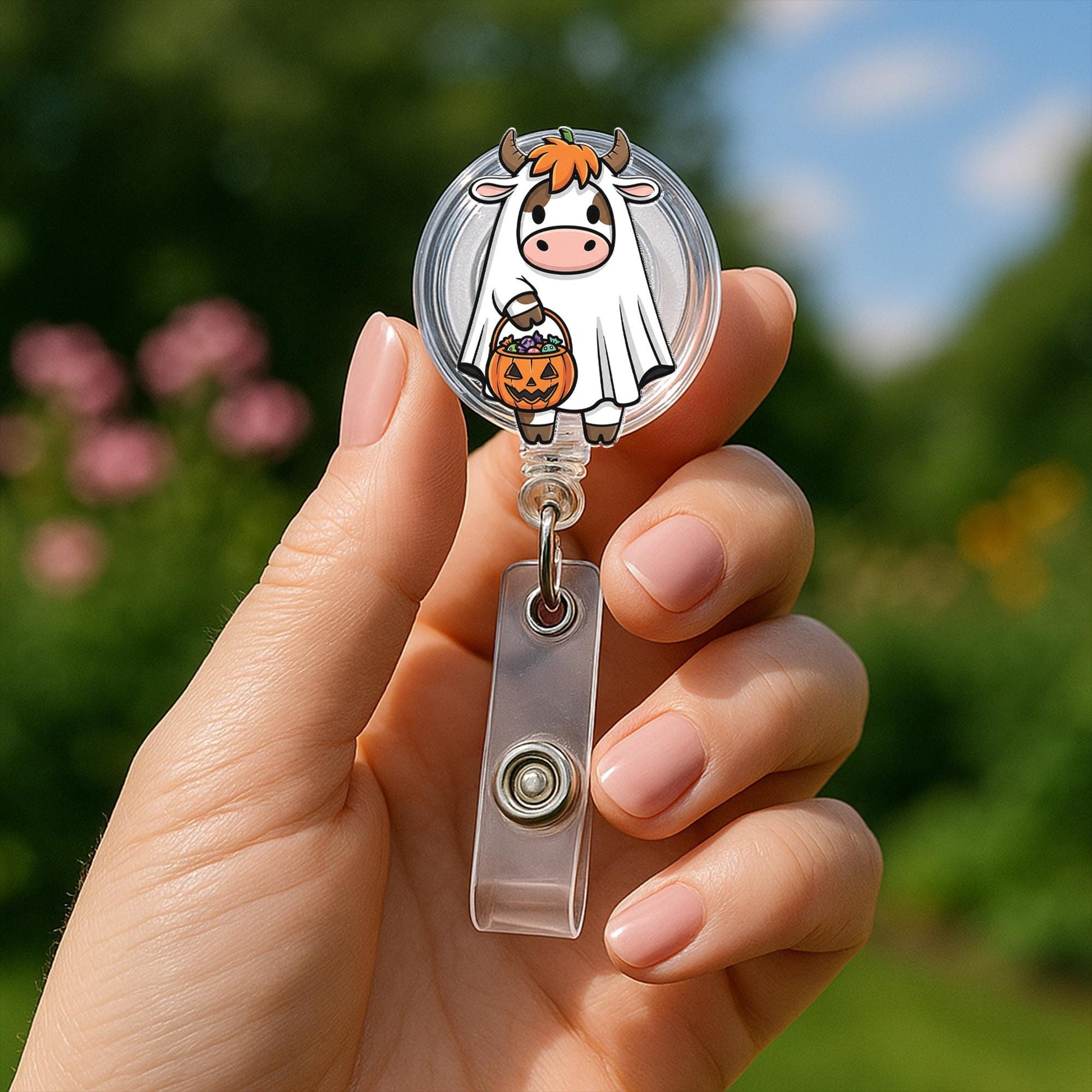 Cute Halloween Cow Badge Reel, Ghost Cow ID Holder, Trick or Treat Nurse Badge Clip, Fall Accessory for Vet Tech, Fun Work Lanyard