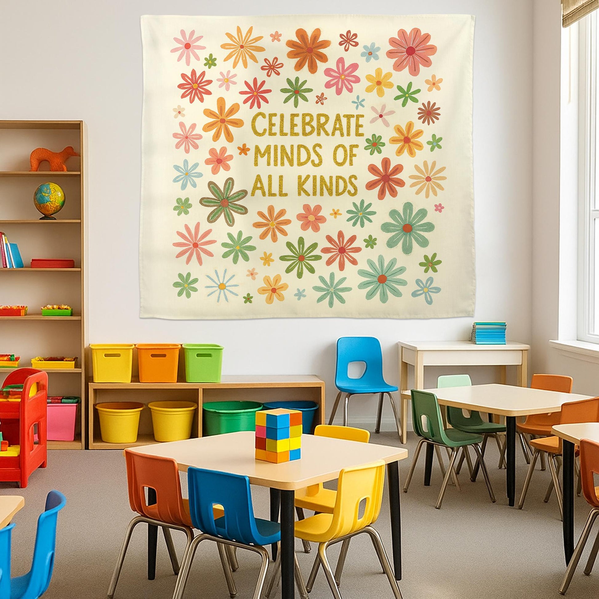 Celebrate Minds of All Kinds Classroom Banner, Inclusive School Wall Decor, Colorful Teacher Tapestry, Mental Health Awareness Sign