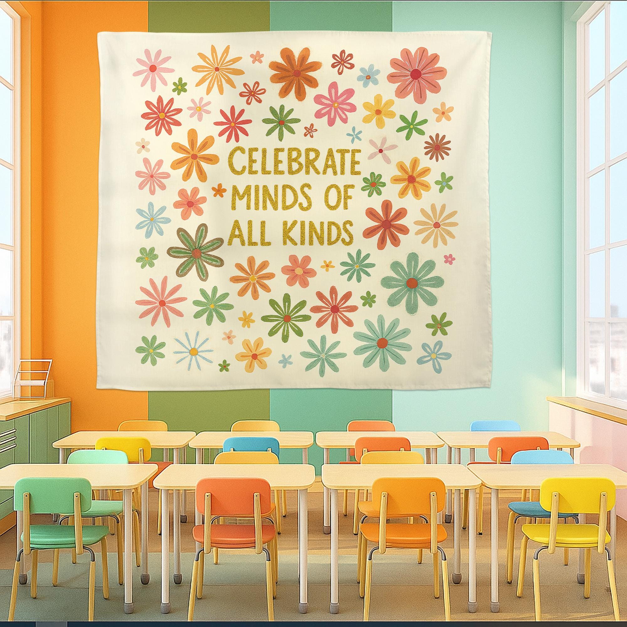 Celebrate Minds of All Kinds Classroom Banner, Inclusive School Wall Decor, Colorful Teacher Tapestry, Mental Health Awareness Sign