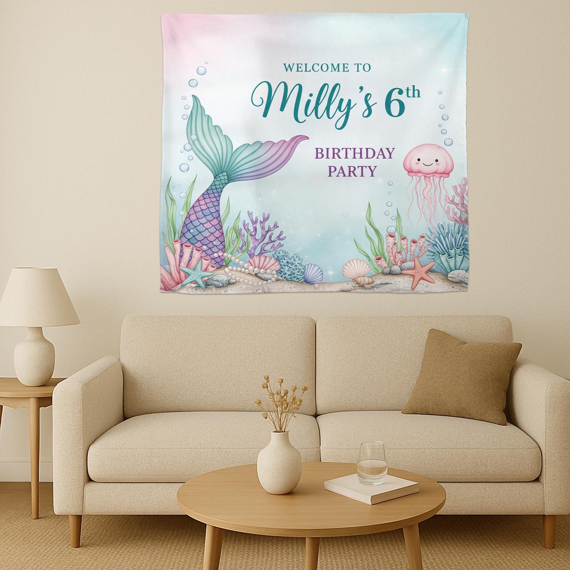 Mermaid Birthday Banner, Under the Sea Party Backdrop, Personalized Kids Birthday Decoration, Ocean Theme Tapestry, Birthday Tapestry Decor