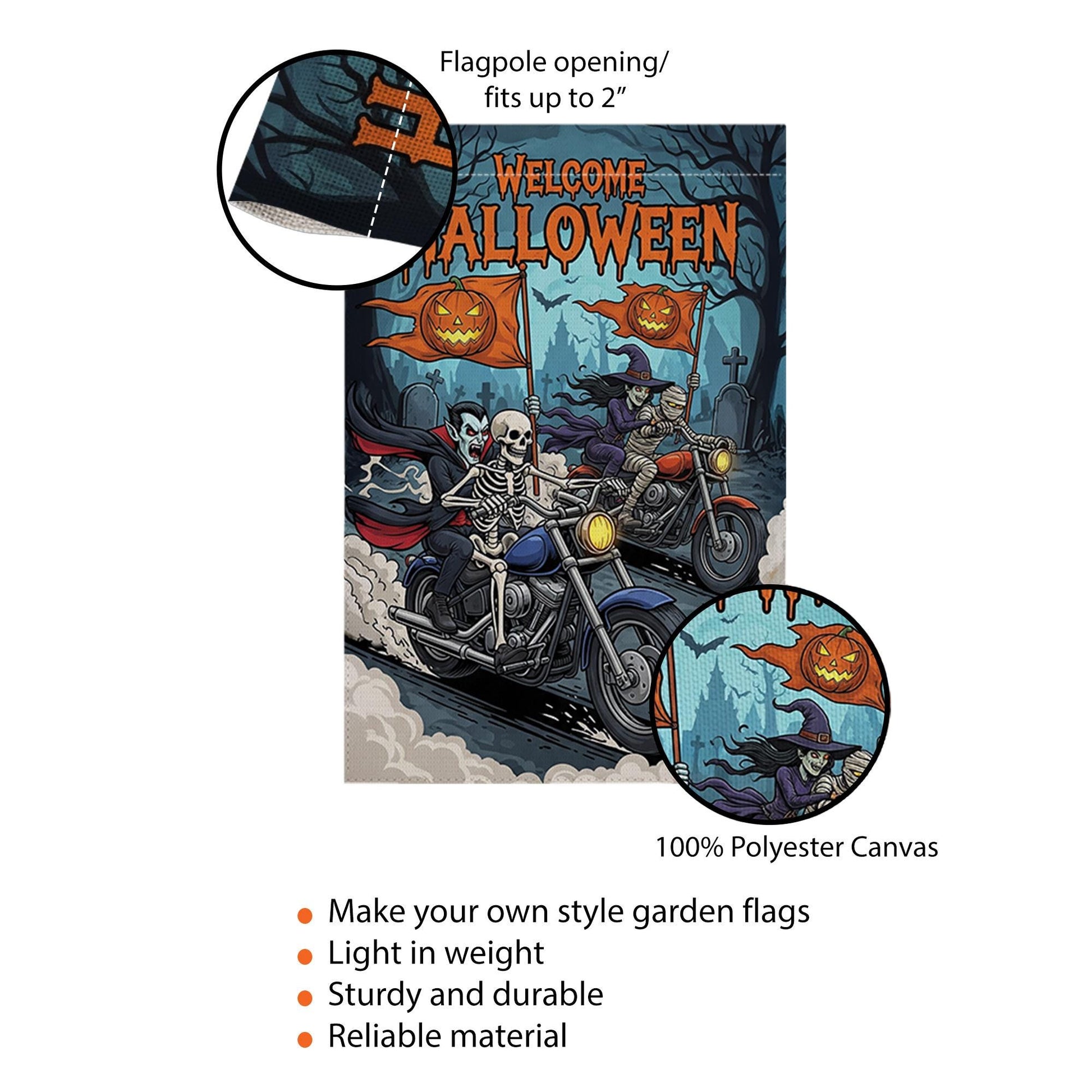 Halloween Biker Garden Flag – Skeleton & Vampire Motorcycle Yard Decor – Spooky Outdoor Welcome Sign for Fall