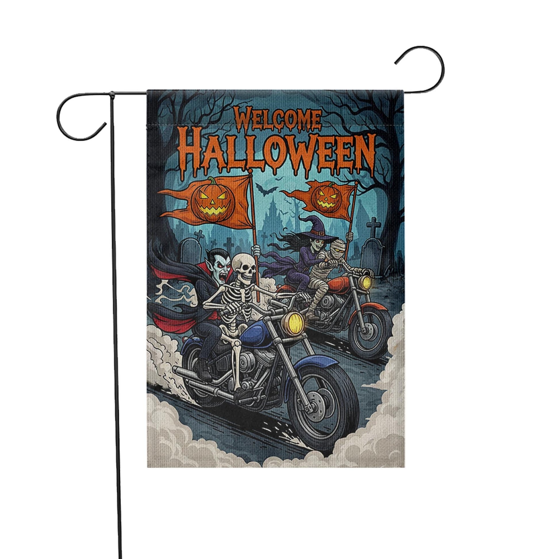 Halloween Biker Garden Flag – Skeleton & Vampire Motorcycle Yard Decor – Spooky Outdoor Welcome Sign for Fall