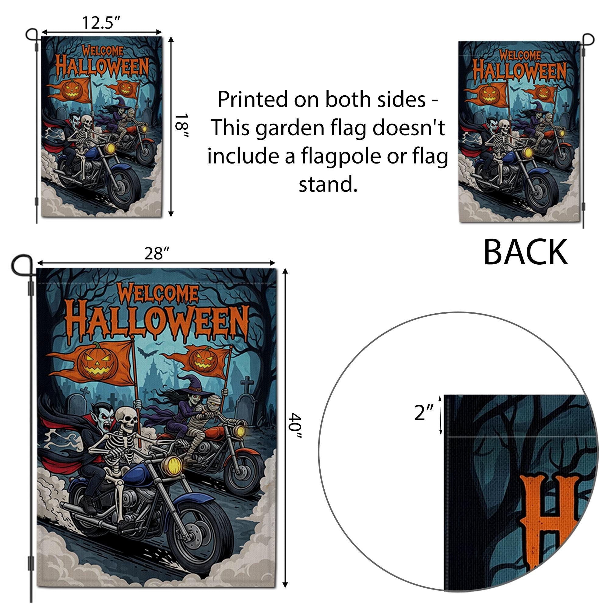Halloween Biker Garden Flag – Skeleton & Vampire Motorcycle Yard Decor – Spooky Outdoor Welcome Sign for Fall