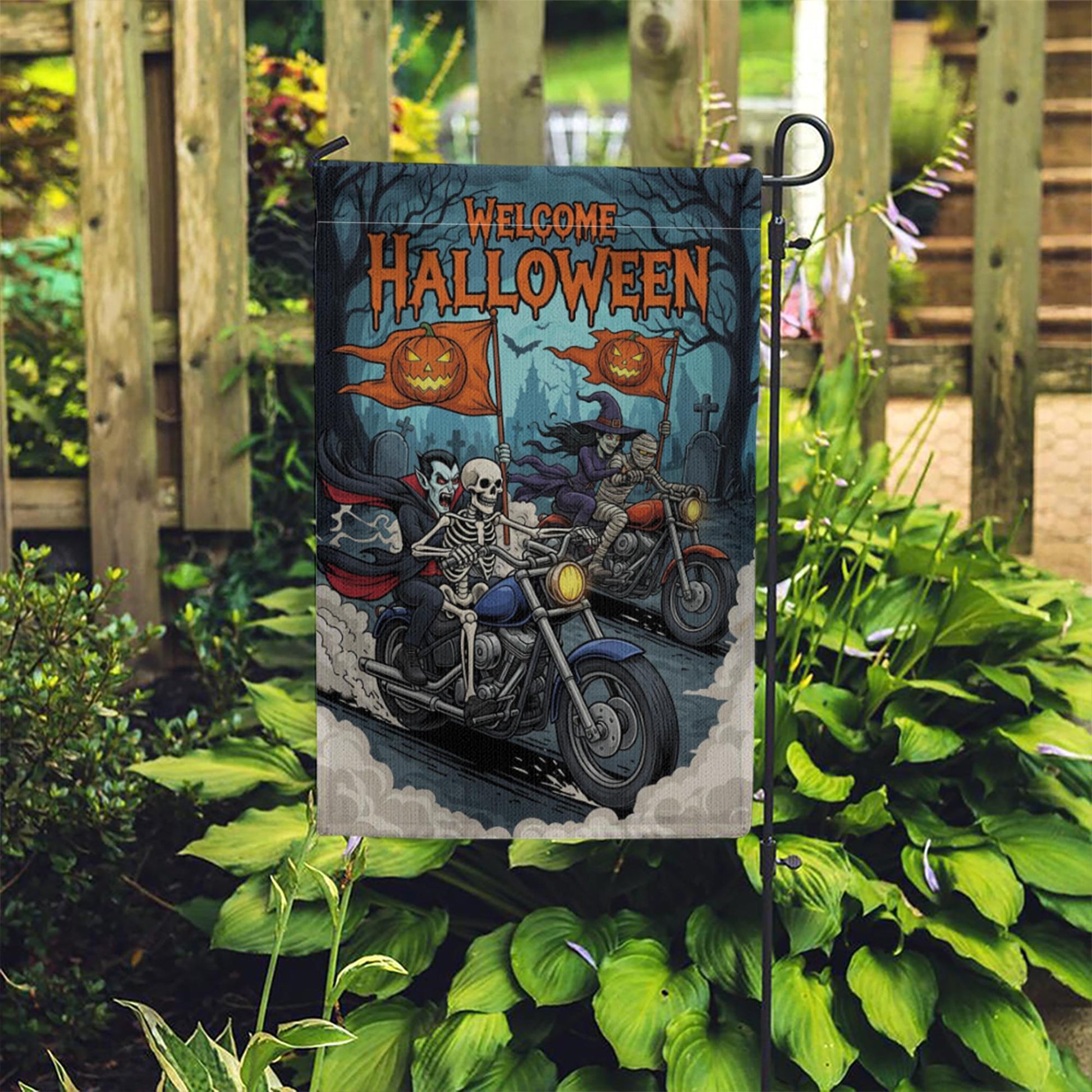 Halloween Biker Garden Flag – Skeleton & Vampire Motorcycle Yard Decor – Spooky Outdoor Welcome Sign for Fall