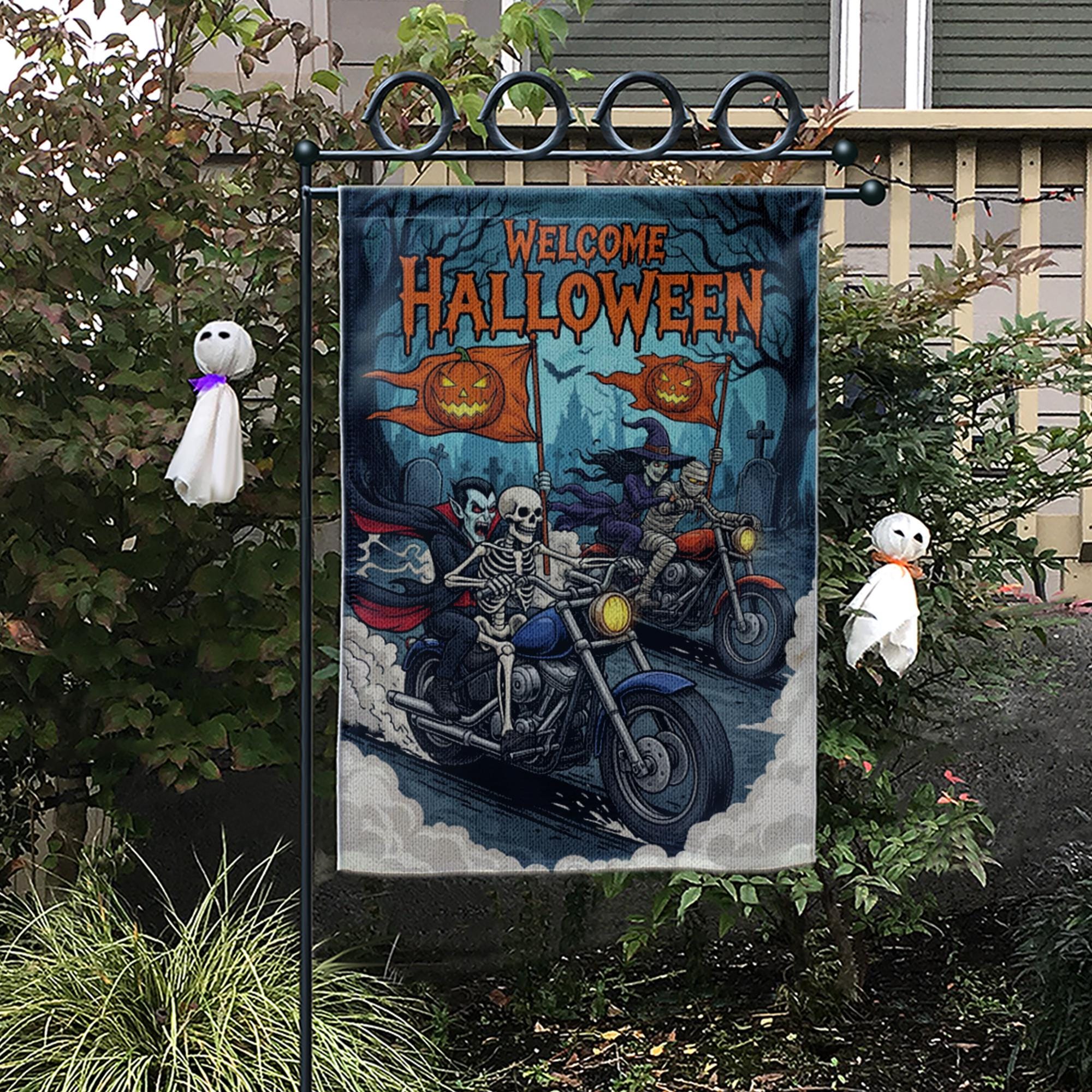 Halloween Biker Garden Flag – Skeleton & Vampire Motorcycle Yard Decor – Spooky Outdoor Welcome Sign for Fall