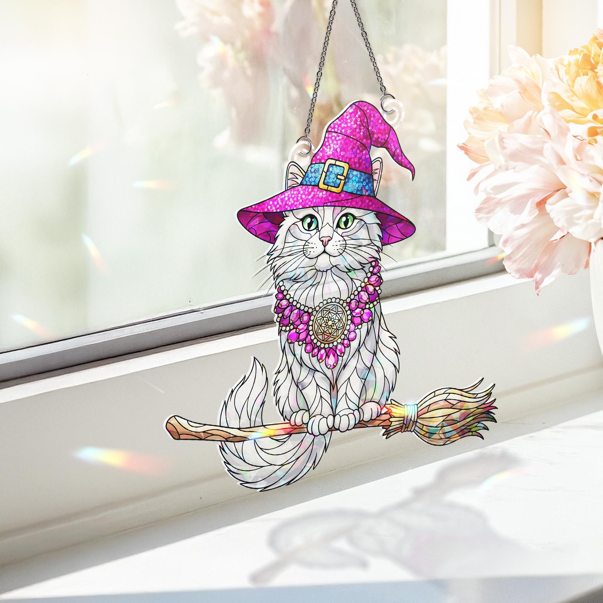 Witch Cat Holographic Window Hanging | Faux Stained Glass Halloween Decor | Magical Cat Suncatcher | Witchy Gift for Cat Lovers