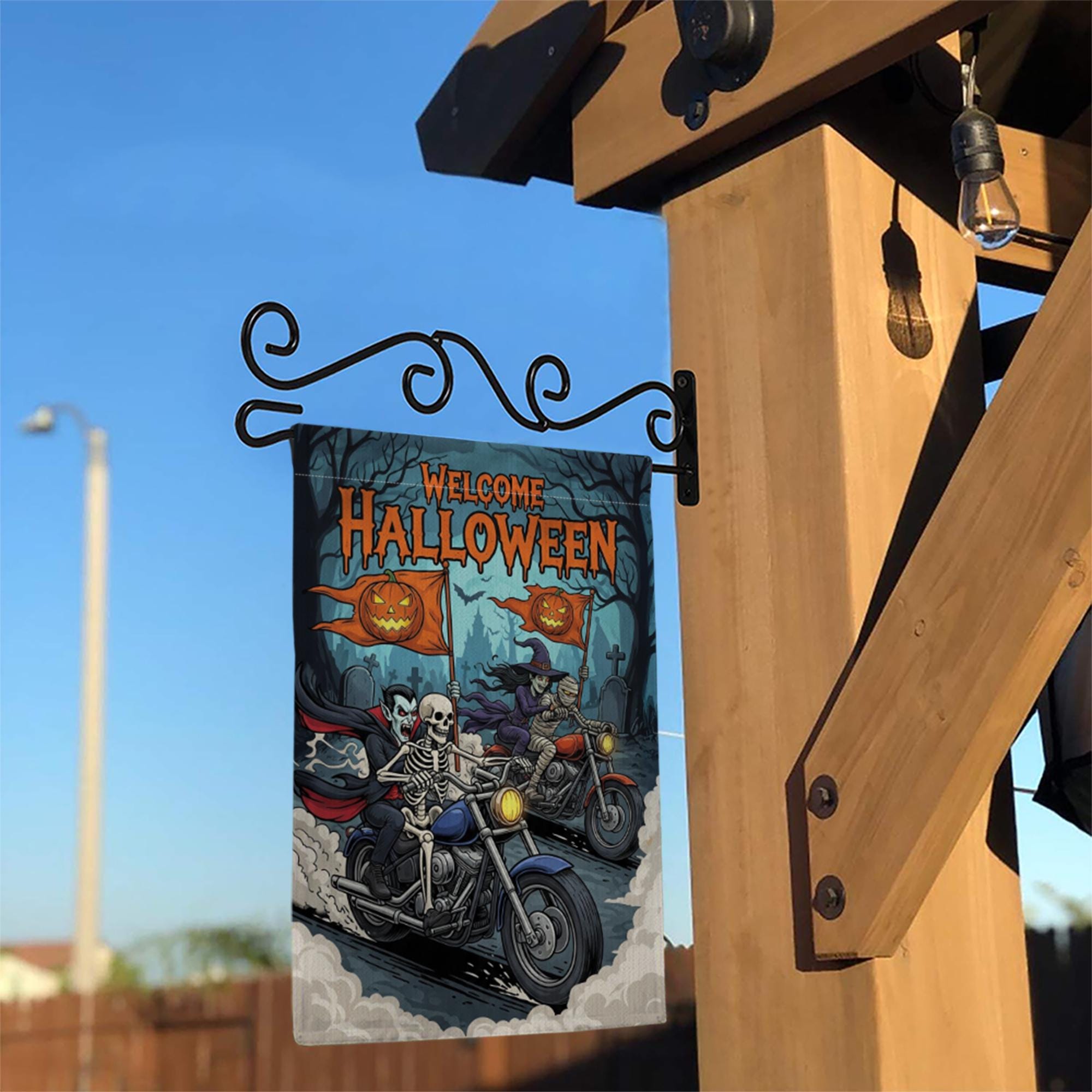Halloween Biker Garden Flag – Skeleton & Vampire Motorcycle Yard Decor – Spooky Outdoor Welcome Sign for Fall