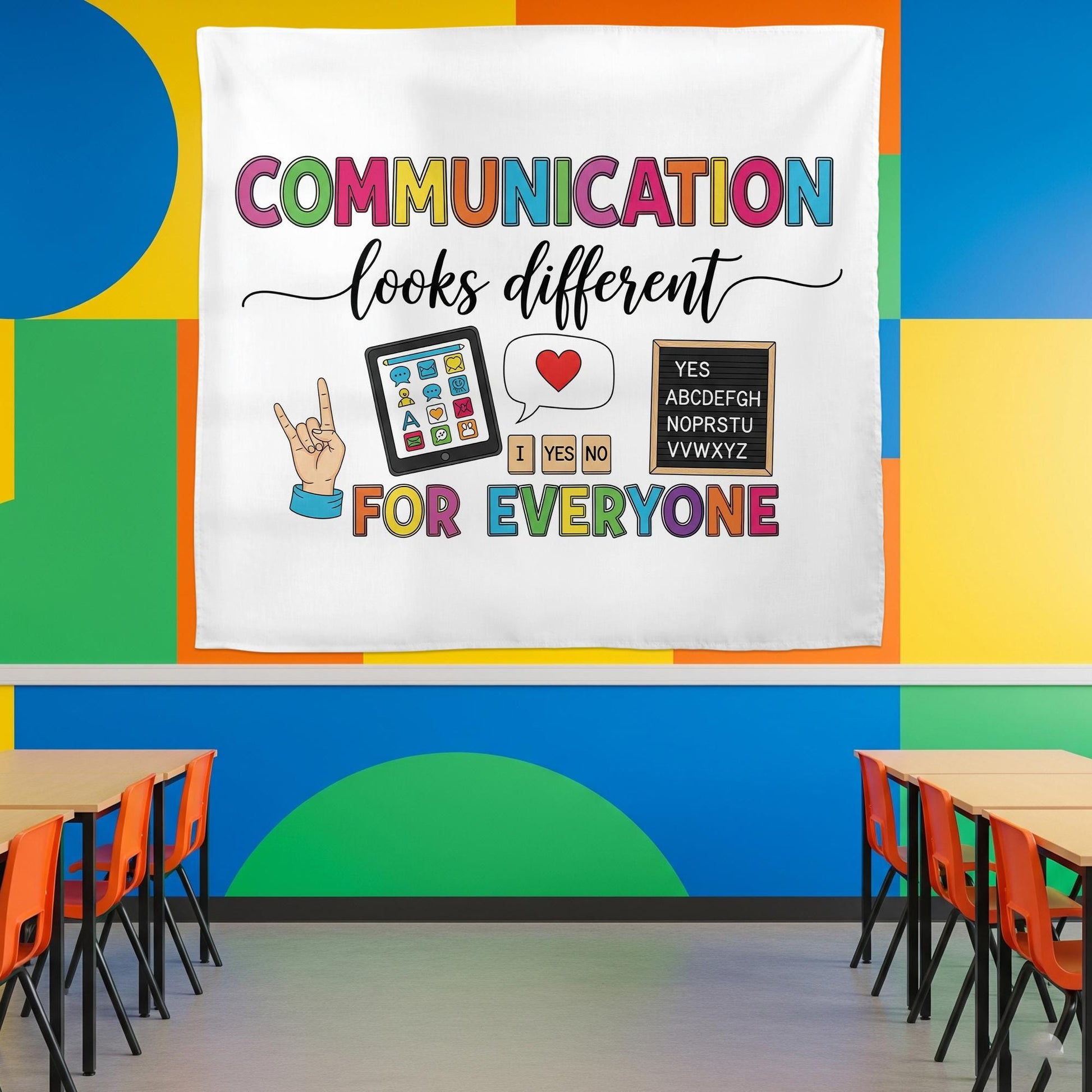 Communication Looks Different Banner, Inclusive Classroom Decor, AAC Sign Language Poster, Special Education Wall Tapestry, Autism Tapestry