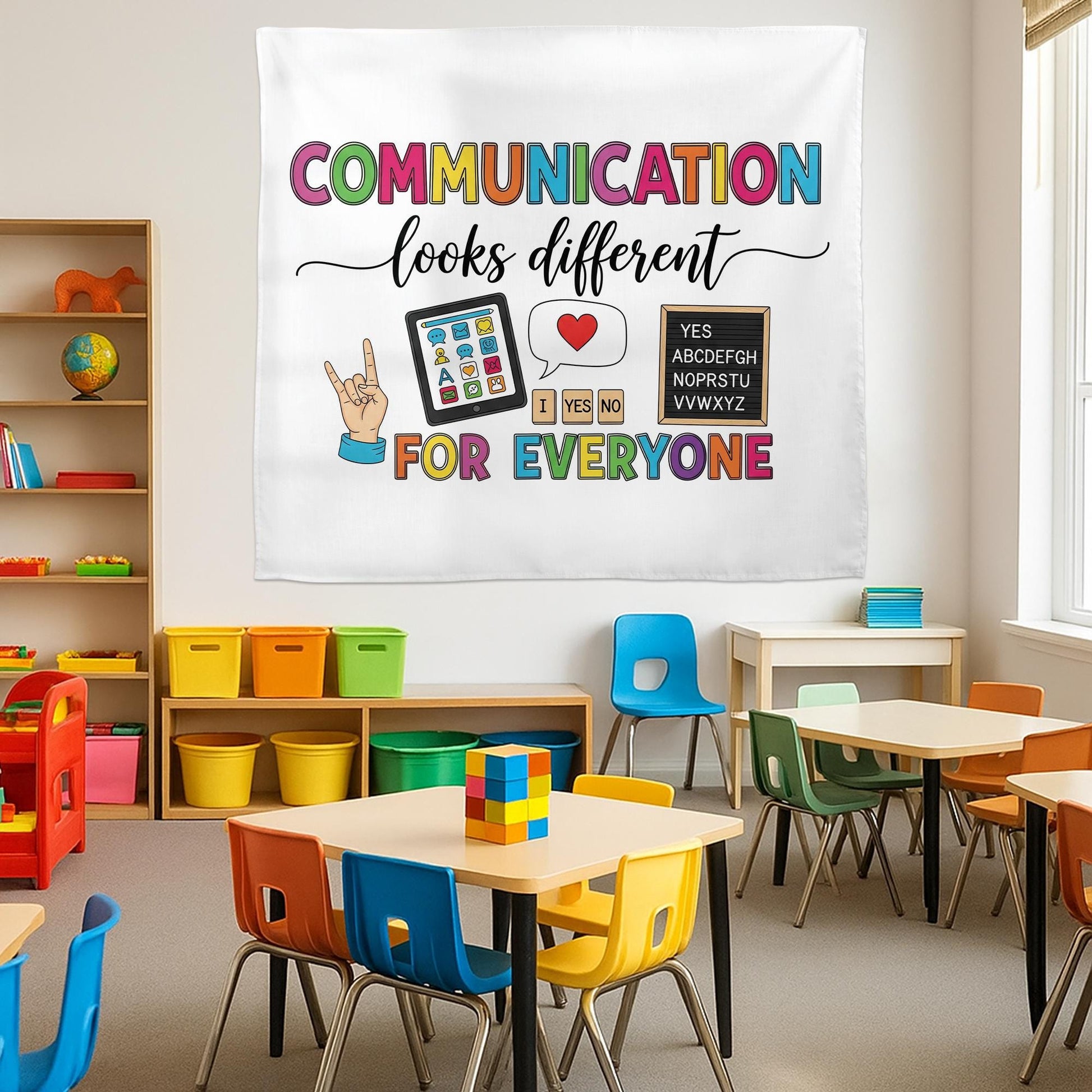 Communication Looks Different Banner, Inclusive Classroom Decor, AAC Sign Language Poster, Special Education Wall Tapestry, Autism Tapestry