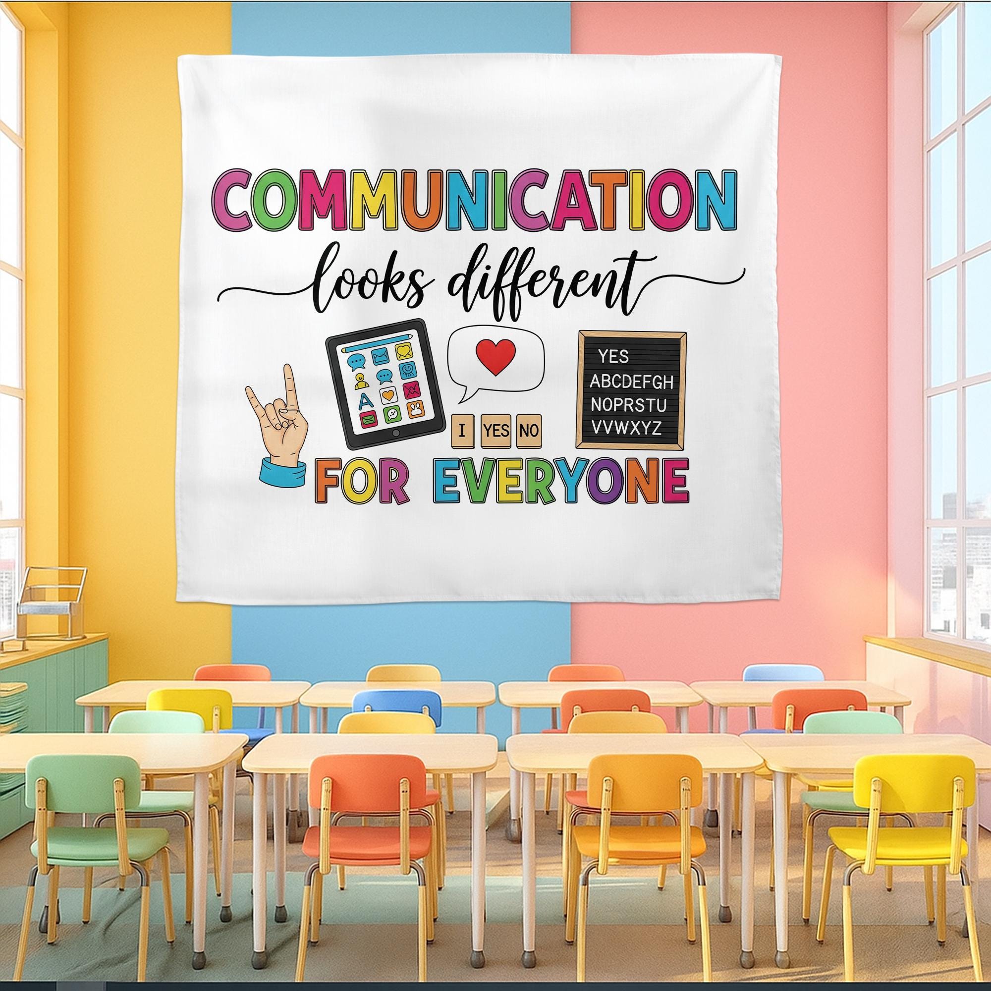 Communication Looks Different Banner, Inclusive Classroom Decor, AAC Sign Language Poster, Special Education Wall Tapestry, Autism Tapestry