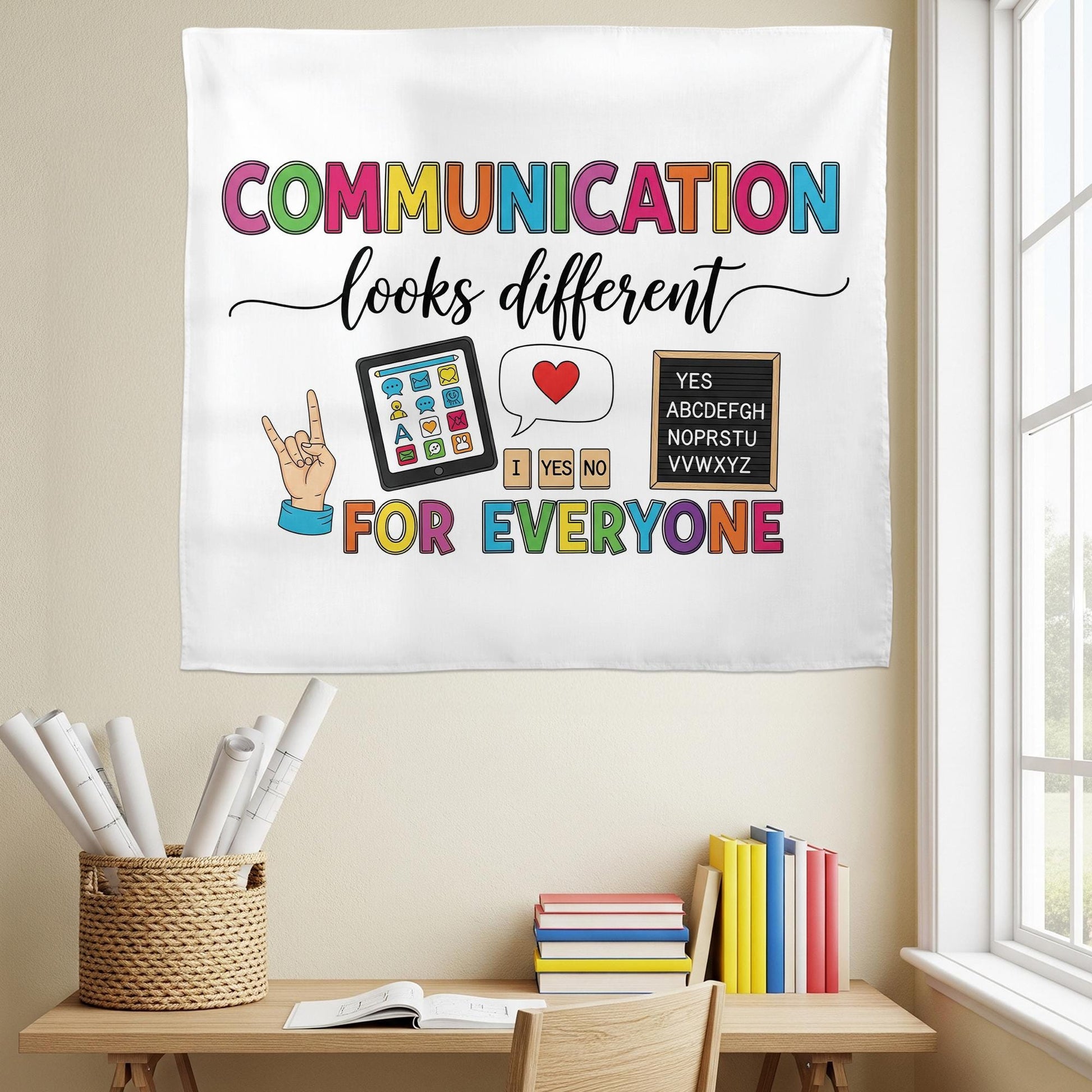 Communication Looks Different Banner, Inclusive Classroom Decor, AAC Sign Language Poster, Special Education Wall Tapestry, Autism Tapestry