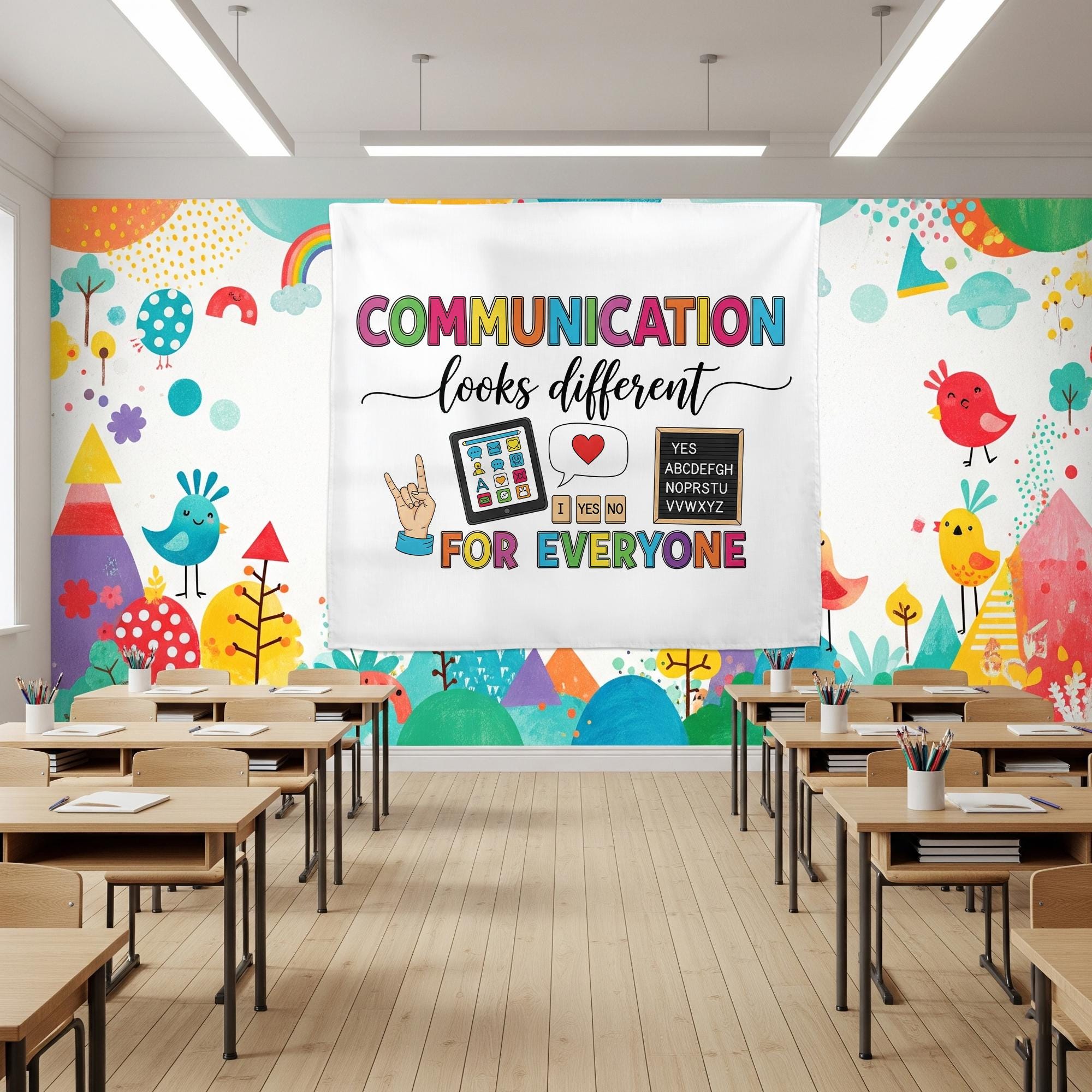 Communication Looks Different Banner, Inclusive Classroom Decor, AAC Sign Language Poster, Special Education Wall Tapestry, Autism Tapestry