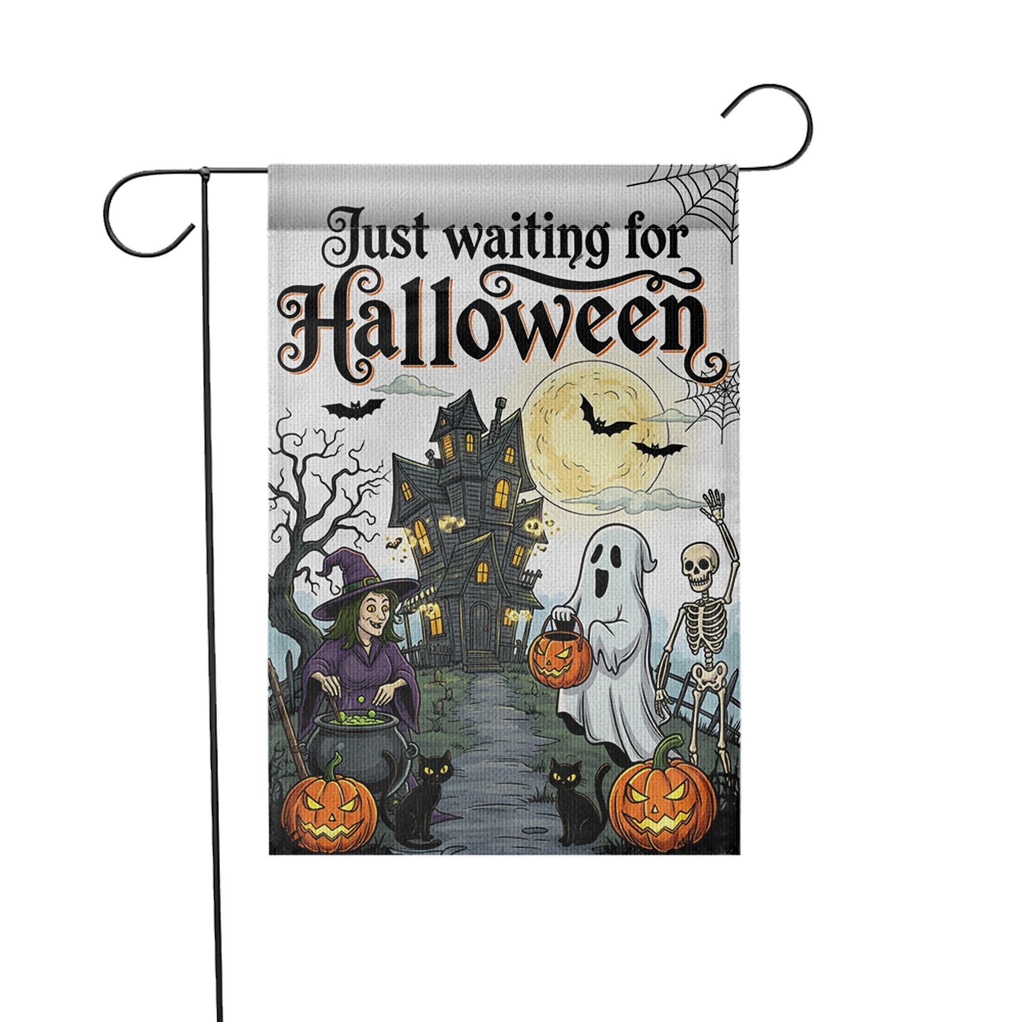 Just Waiting for Halloween Flag, Spooky Garden Decor, Haunted House Yard Sign, Ghost Witch Skeleton Banner, Fall Outdoor Decoration