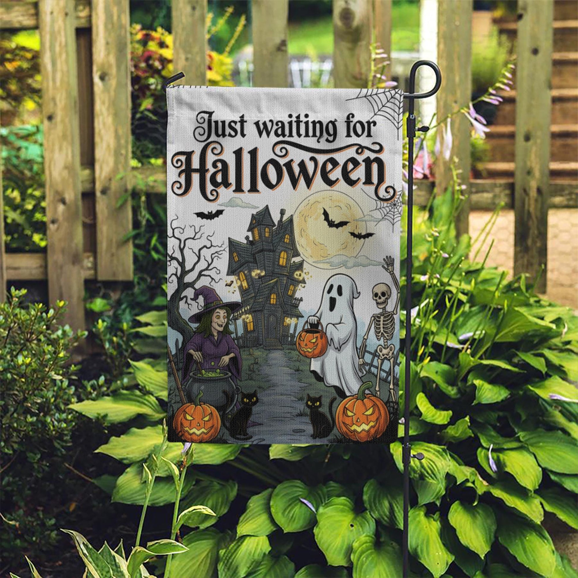 Just Waiting for Halloween Flag, Spooky Garden Decor, Haunted House Yard Sign, Ghost Witch Skeleton Banner, Fall Outdoor Decoration
