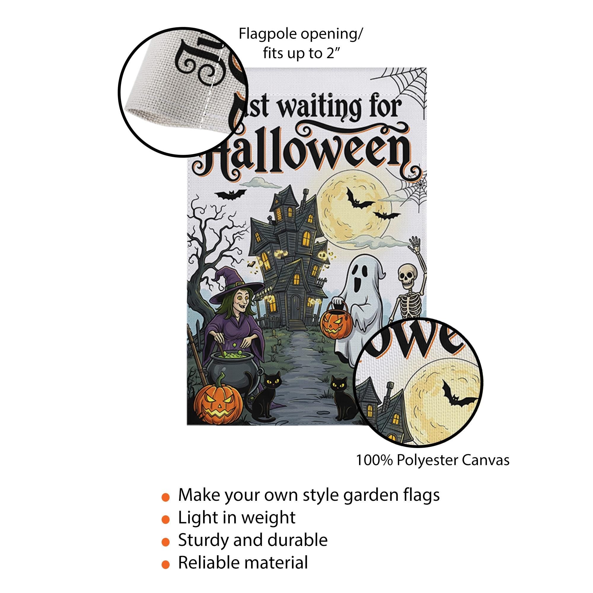 Just Waiting for Halloween Flag, Spooky Garden Decor, Haunted House Yard Sign, Ghost Witch Skeleton Banner, Fall Outdoor Decoration