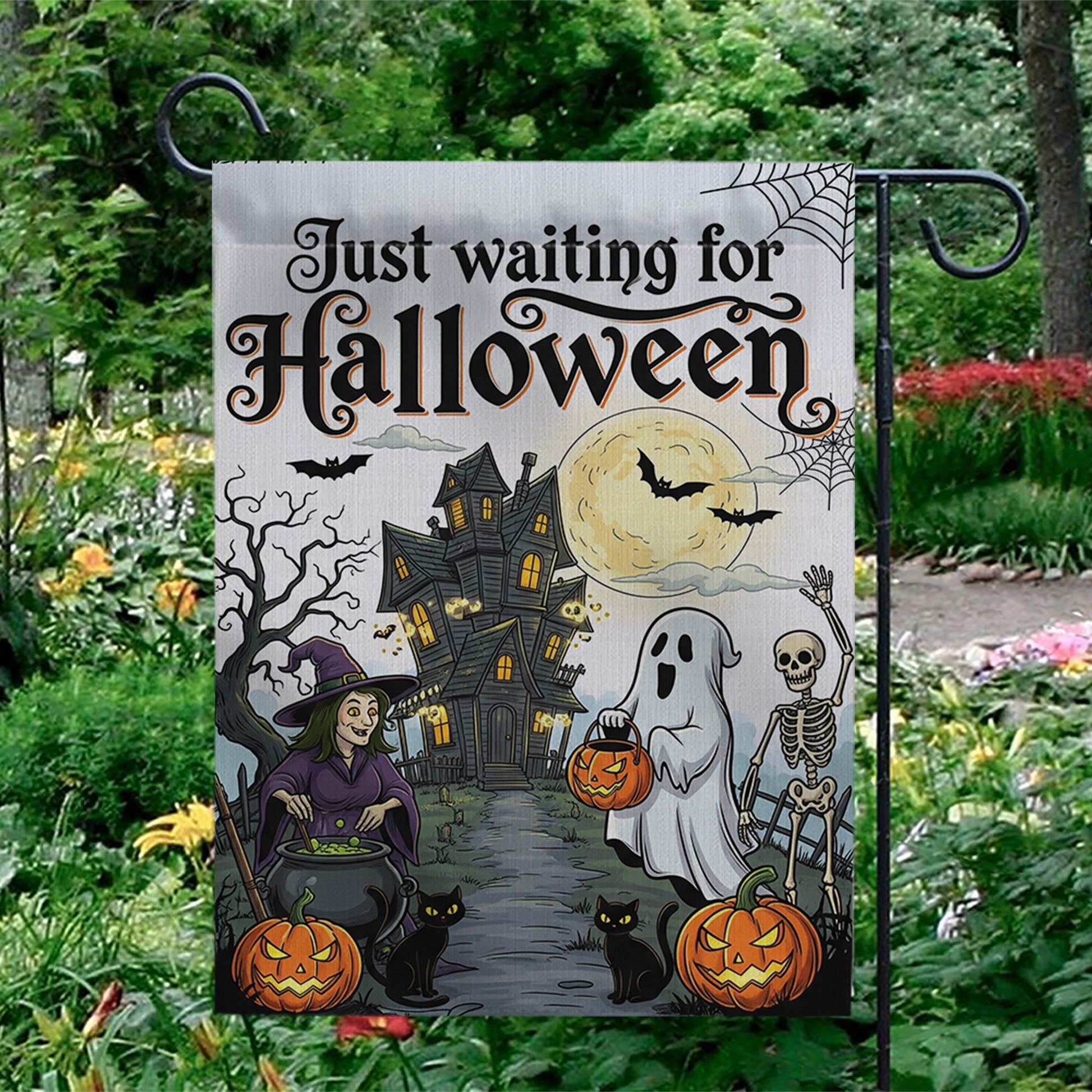 Just Waiting for Halloween Flag, Spooky Garden Decor, Haunted House Yard Sign, Ghost Witch Skeleton Banner, Fall Outdoor Decoration