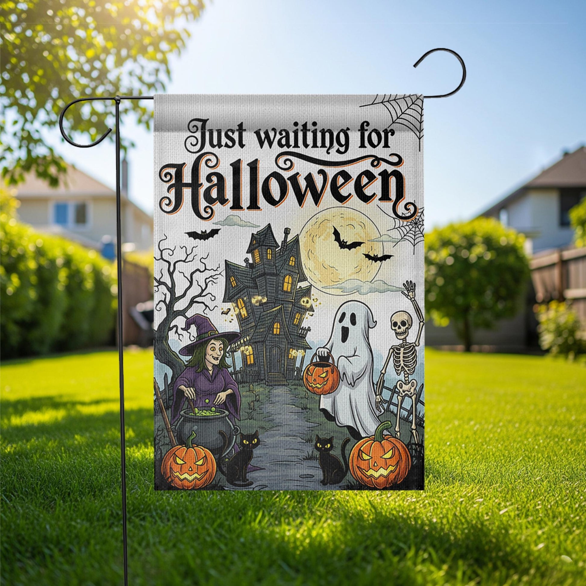 Just Waiting for Halloween Flag, Spooky Garden Decor, Haunted House Yard Sign, Ghost Witch Skeleton Banner, Fall Outdoor Decoration