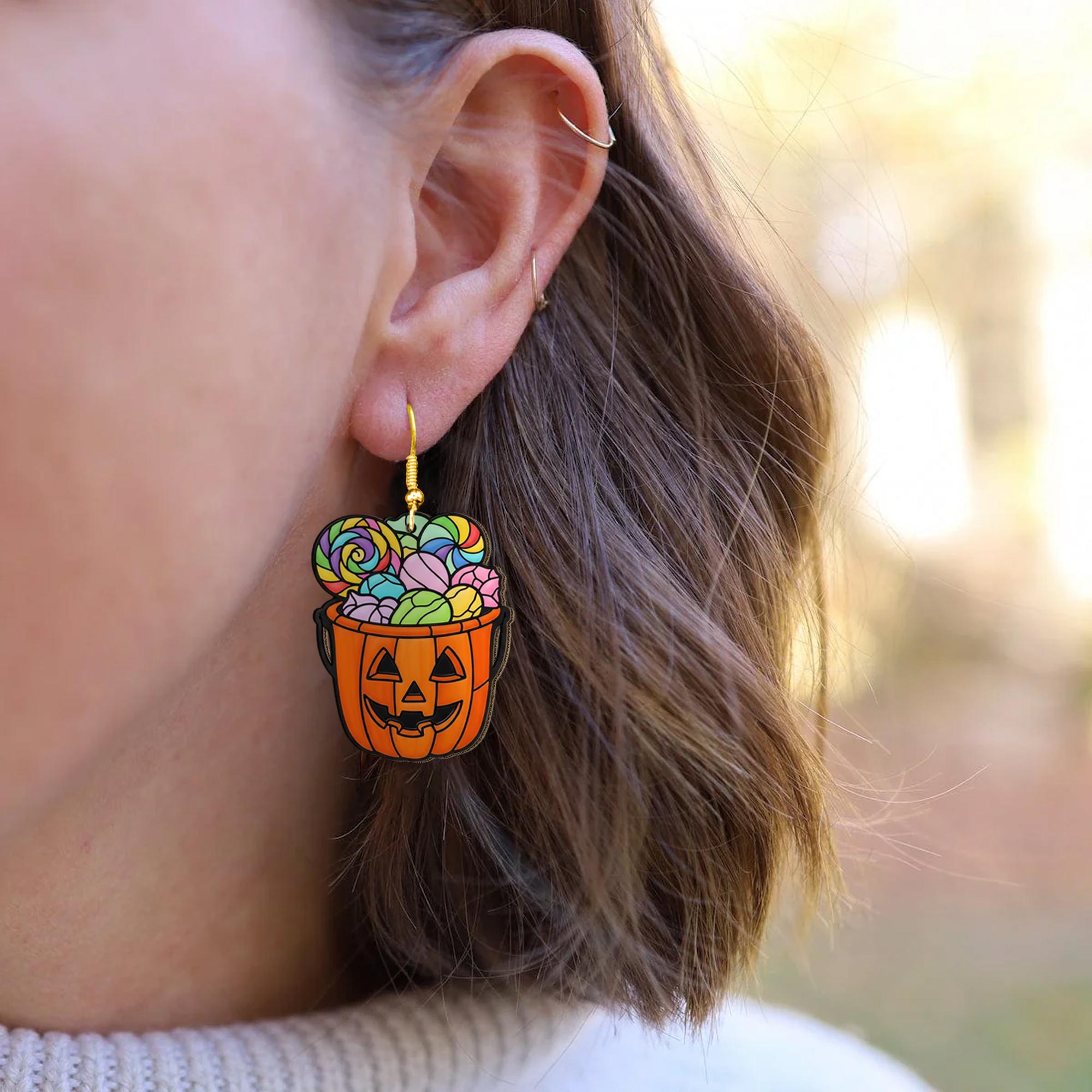 Halloween Candy Bucket Earrings, Cute Jack-O’-Lantern Dangle Earrings, Spooky Fall Jewelry, Trick or Treat Accessory Gift