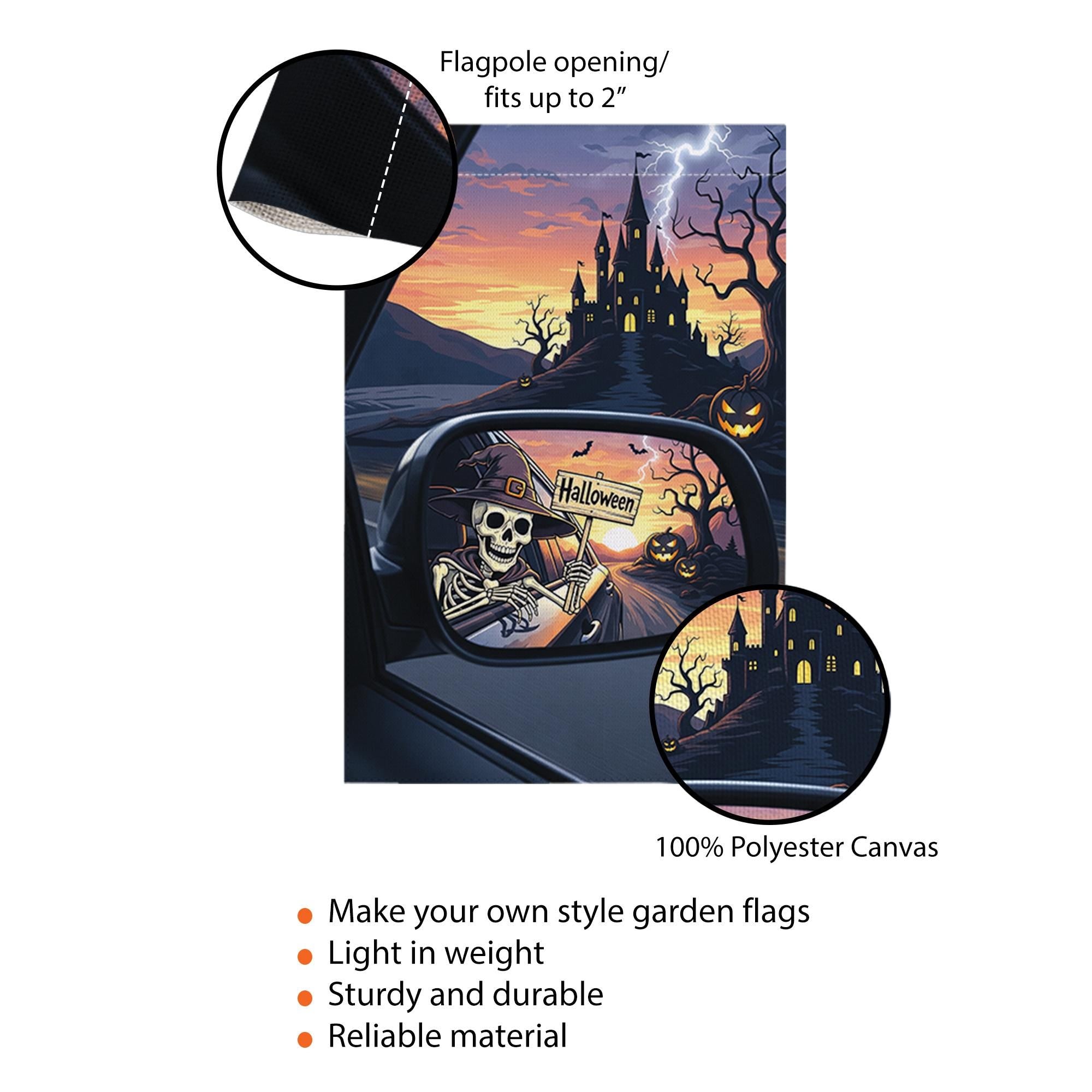 Skeleton Rearview Halloween Garden Flag – Spooky Castle Car Mirror Yard Decor – Haunted Fall Outdoor Sign