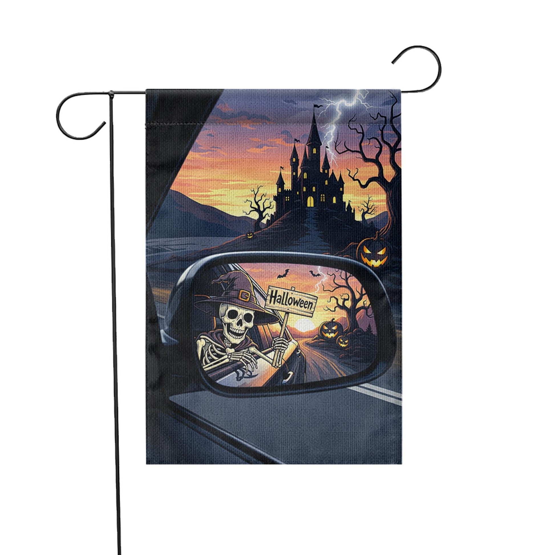 Skeleton Rearview Halloween Garden Flag – Spooky Castle Car Mirror Yard Decor – Haunted Fall Outdoor Sign