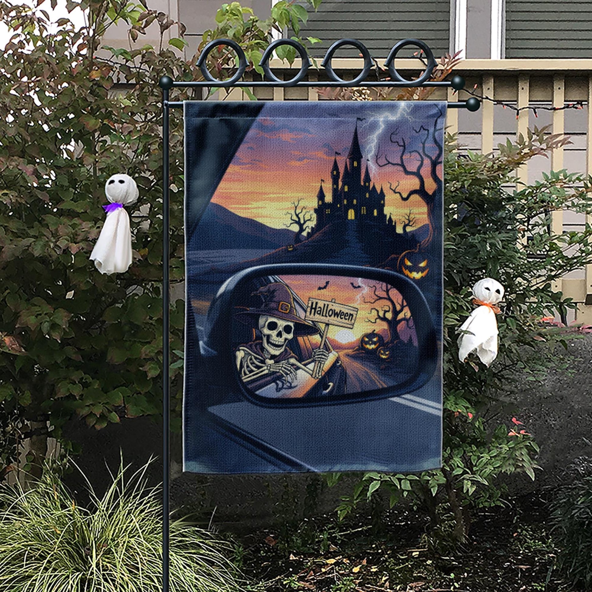 Skeleton Rearview Halloween Garden Flag – Spooky Castle Car Mirror Yard Decor – Haunted Fall Outdoor Sign
