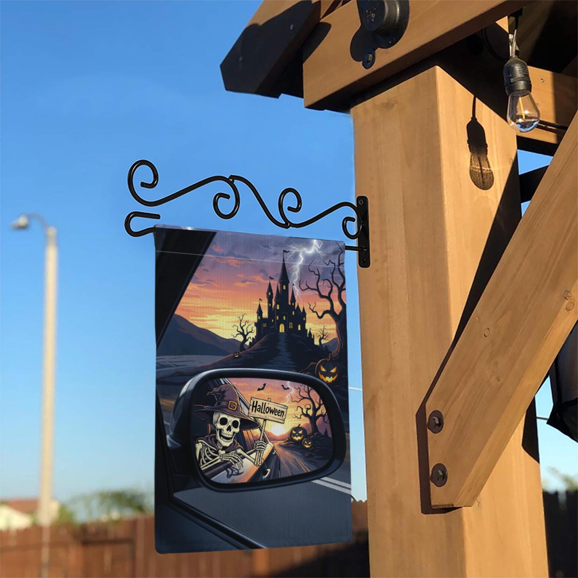 Skeleton Rearview Halloween Garden Flag – Spooky Castle Car Mirror Yard Decor – Haunted Fall Outdoor Sign