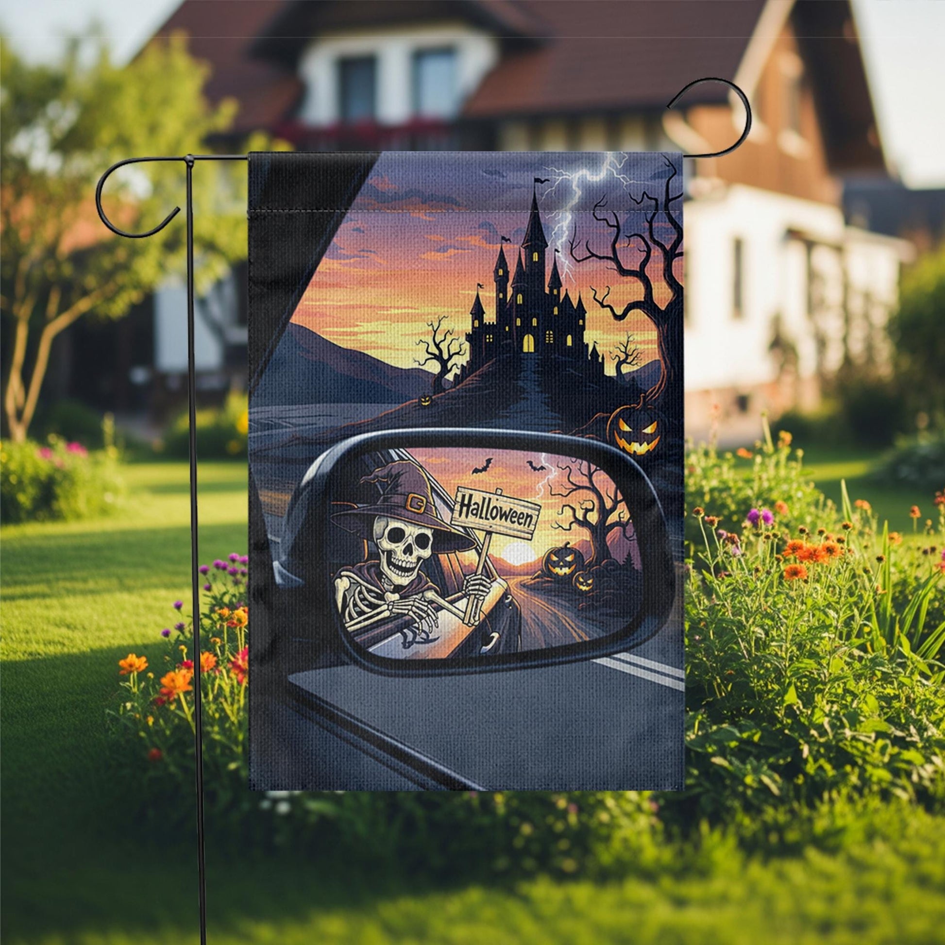 Skeleton Rearview Halloween Garden Flag – Spooky Castle Car Mirror Yard Decor – Haunted Fall Outdoor Sign