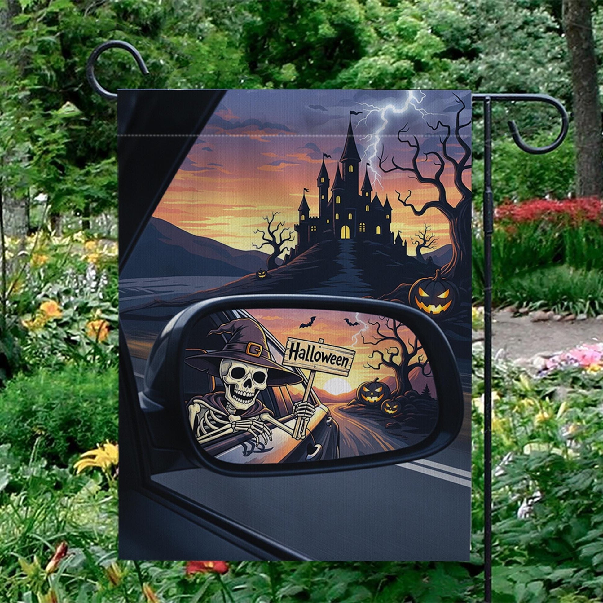 Skeleton Rearview Halloween Garden Flag – Spooky Castle Car Mirror Yard Decor – Haunted Fall Outdoor Sign