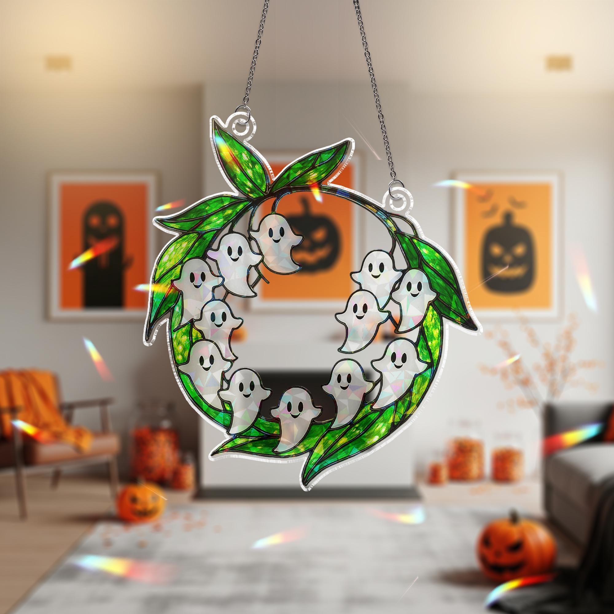 Ghost Floral Wreath ACRYLIC Suncatcher Halloween Decor, Acrylic Window Hanging, Holographic Ghost Ornament, Fall Spooky Leaf Wreath Gift