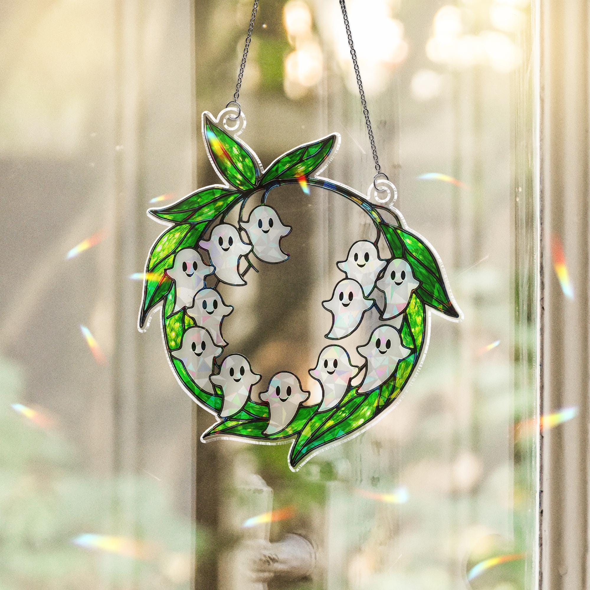 Ghost Floral Wreath ACRYLIC Suncatcher Halloween Decor, Acrylic Window Hanging, Holographic Ghost Ornament, Fall Spooky Leaf Wreath Gift