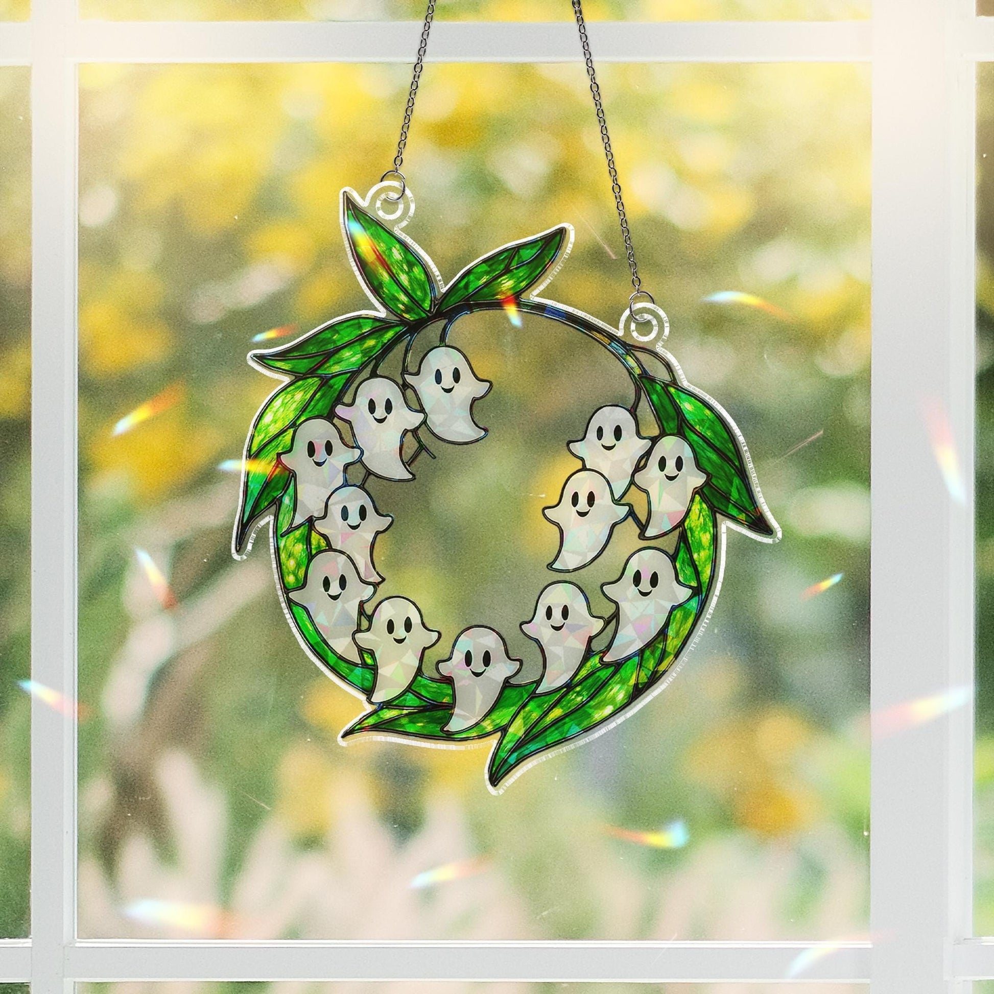 Ghost Floral Wreath ACRYLIC Suncatcher Halloween Decor, Acrylic Window Hanging, Holographic Ghost Ornament, Fall Spooky Leaf Wreath Gift