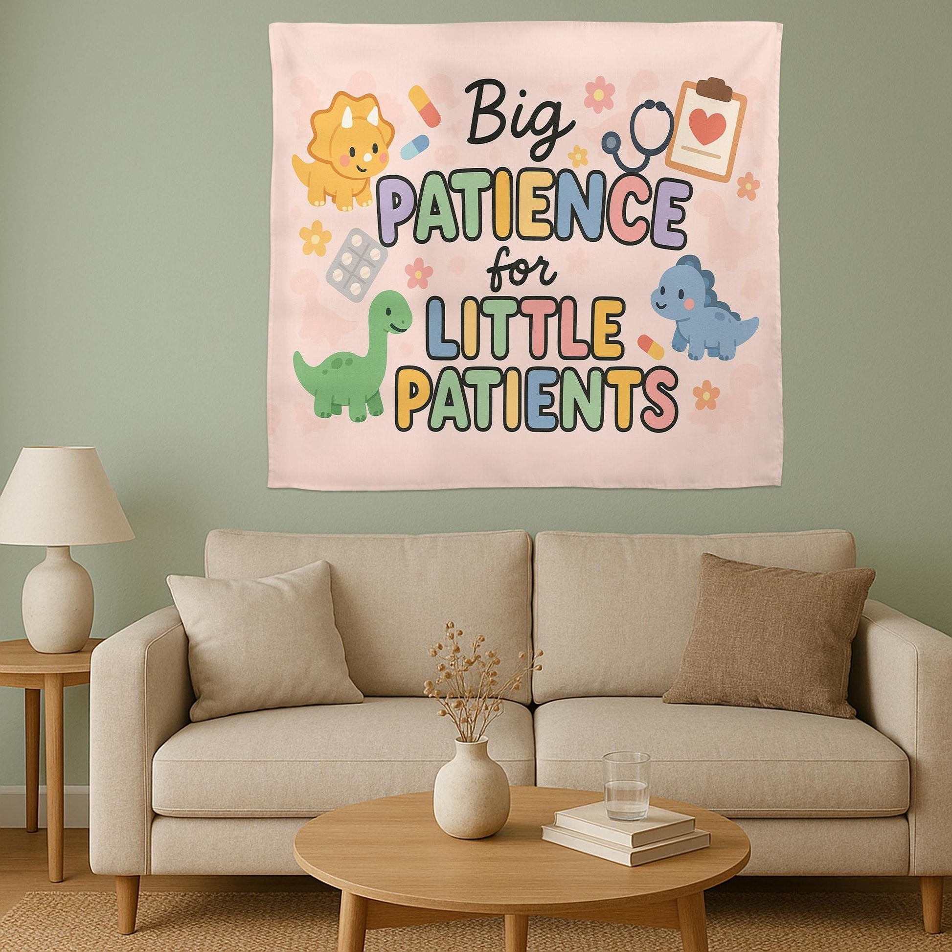 Big Patience for Little Patients Tapestry | Pediatric Nurse Wall Decor | Cute Dino Clinic Sign | Hospital Kids Room Banner Gift
