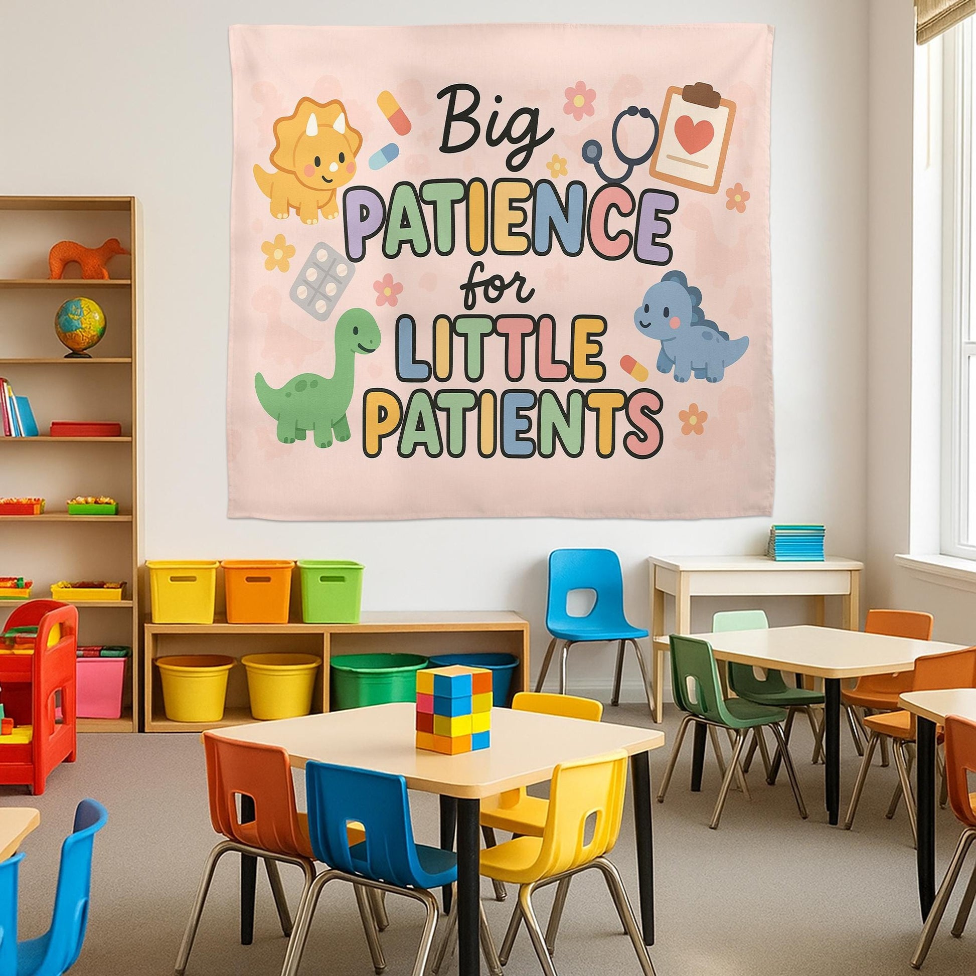 Big Patience for Little Patients Tapestry | Pediatric Nurse Wall Decor | Cute Dino Clinic Sign | Hospital Kids Room Banner Gift