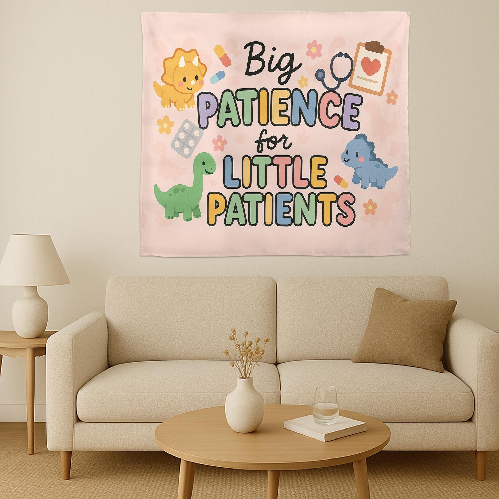 Big Patience for Little Patients Tapestry | Pediatric Nurse Wall Decor | Cute Dino Clinic Sign | Hospital Kids Room Banner Gift