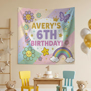 Kids 6th Birthday Banner, Pastel Rainbow Party Backdrop, Retro Flower Birthday Decor, Custom Girl Celebration Sign, Birthday Tapestry